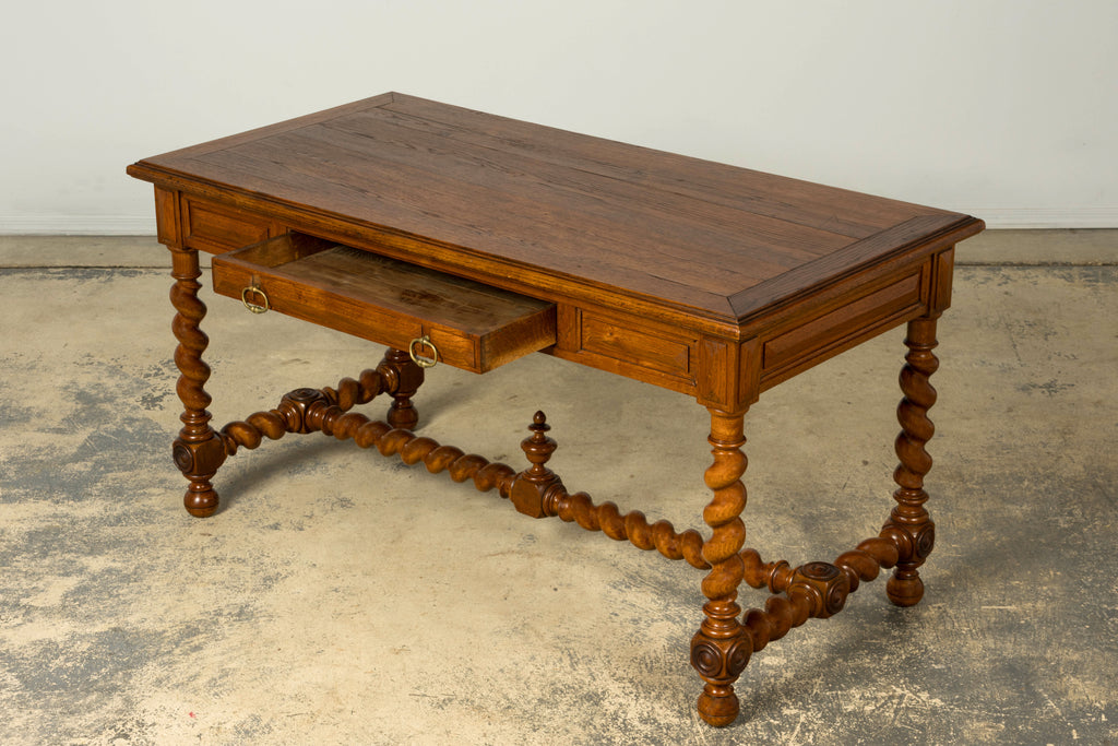 Late 19th Century French Louis XIII Oak Writing Desk with Barley Twist Legs