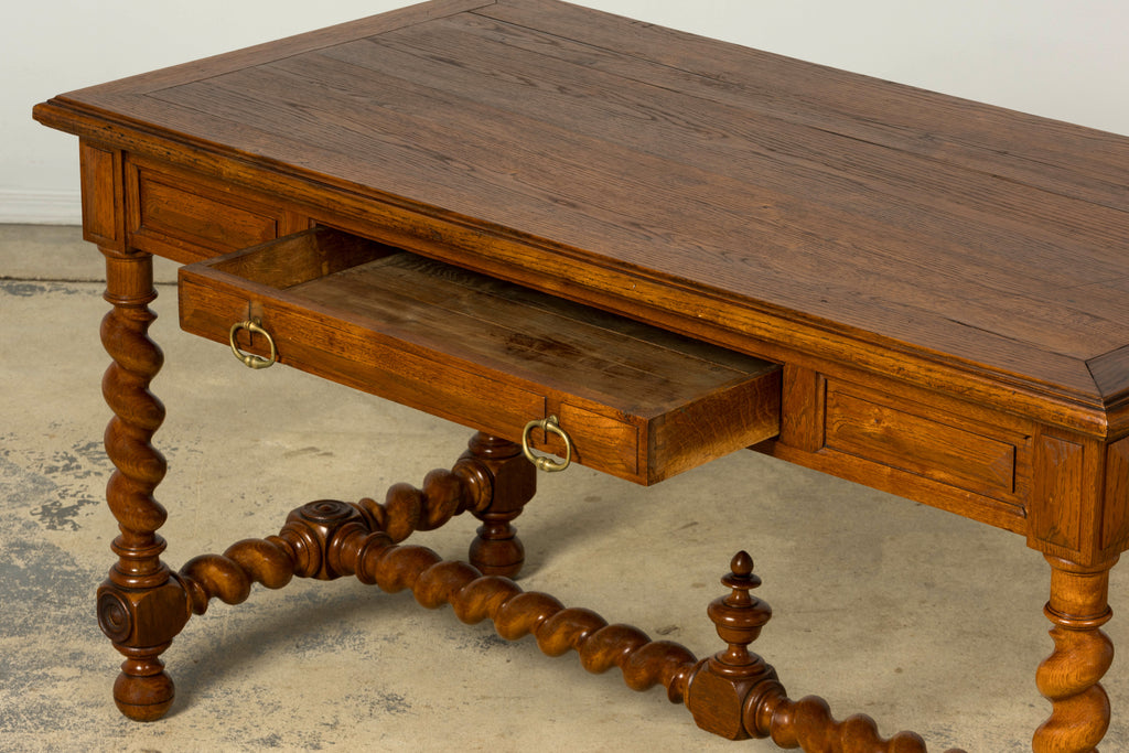 Late 19th Century French Louis XIII Oak Writing Desk with Barley Twist Legs