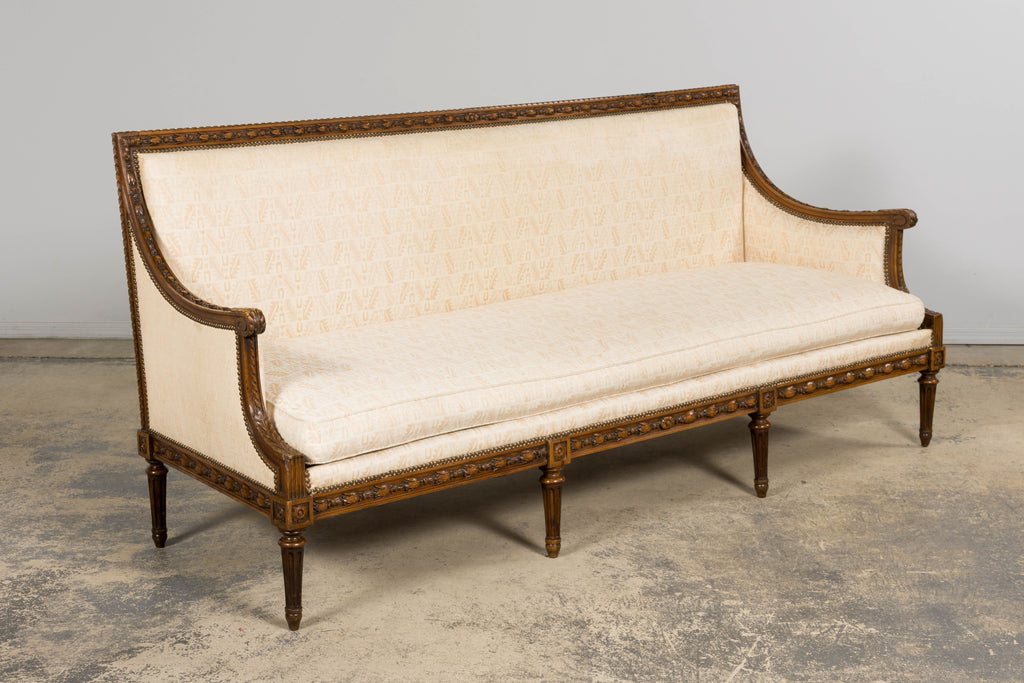 Late 19th Century French Louis XVI Style Oak Canapé in Cream Jacquard