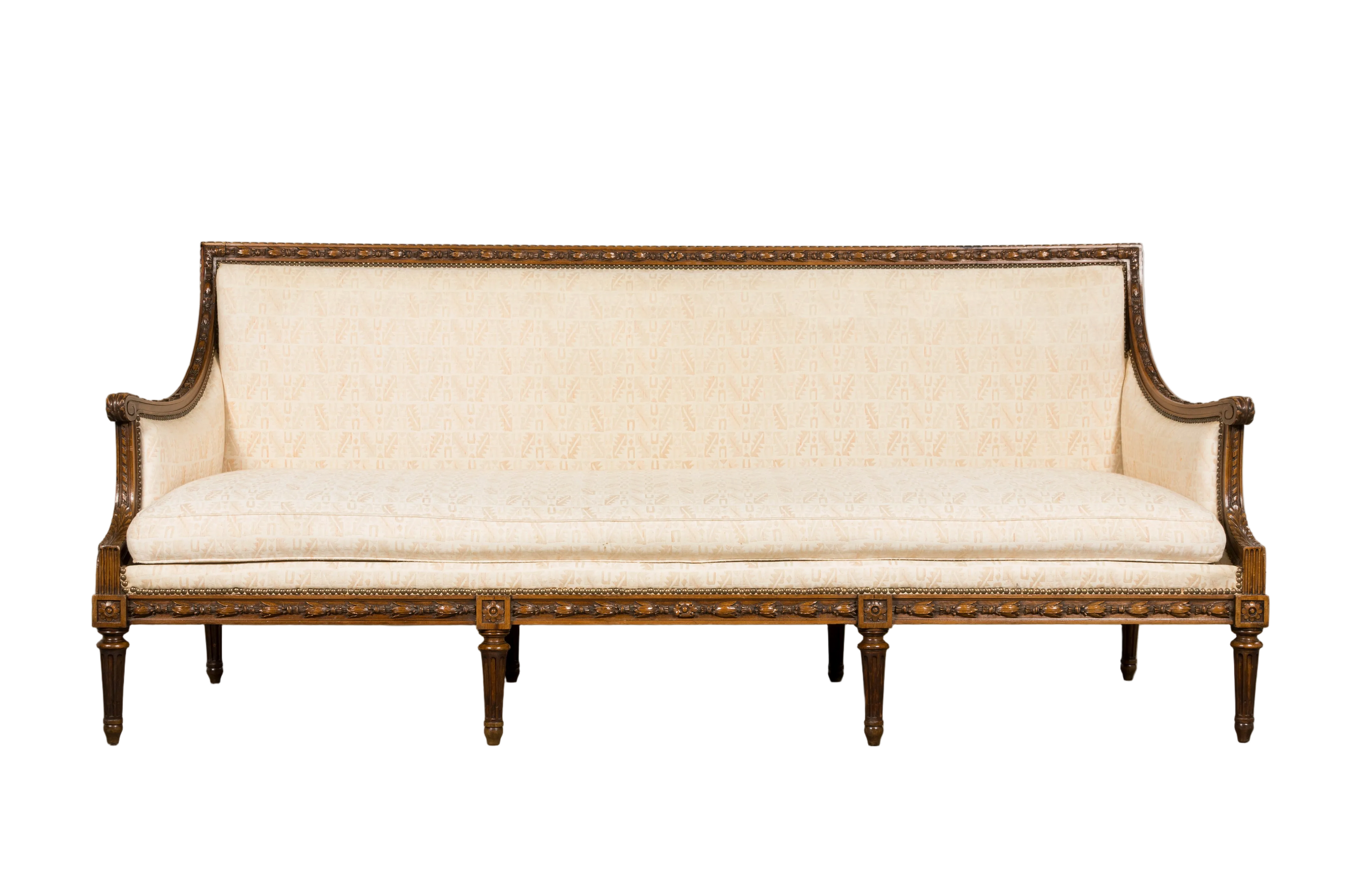 Late 19th Century French Louis XVI Style Oak Canapé in Cream Jacquard