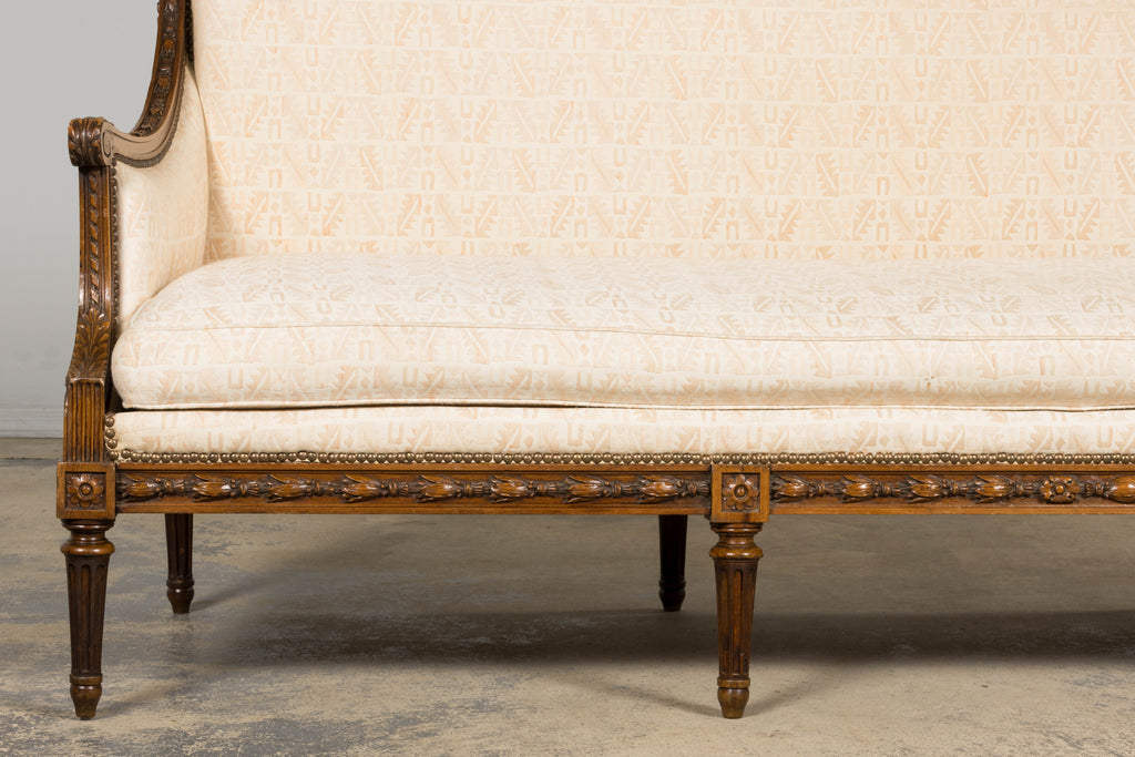 Late 19th Century French Louis XVI Style Oak Canapé in Cream Jacquard