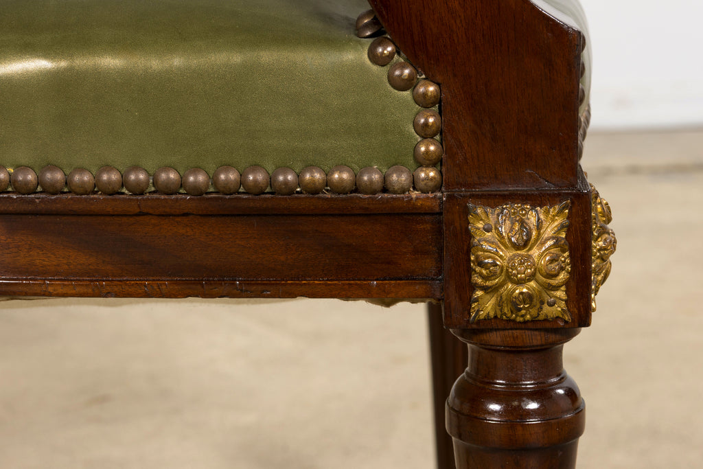 Late 19th Century French Napoleon III Mahogany Desk Chair with Olive Green Leather