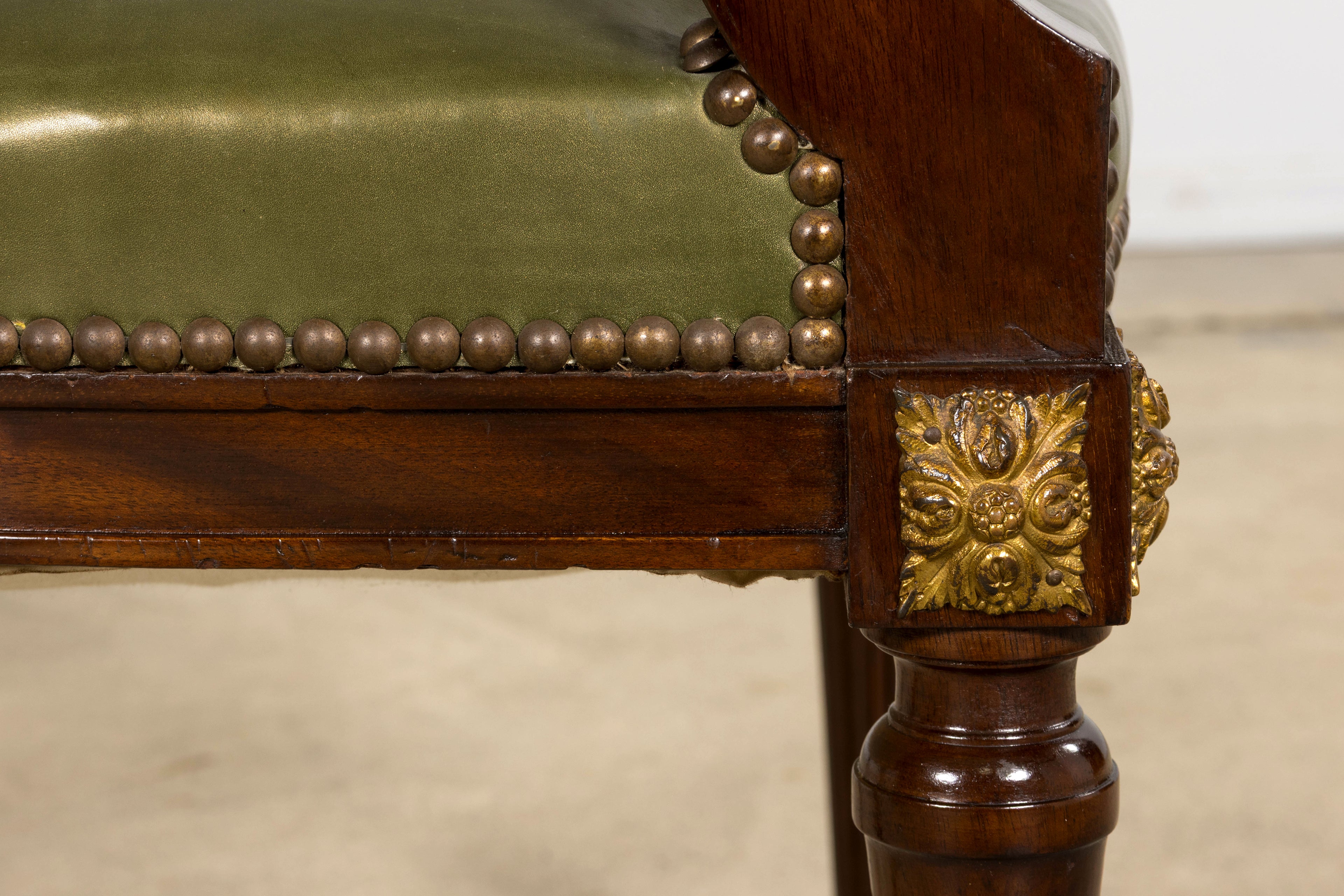 Late 19th Century French Napoleon III Mahogany Desk Chair with Olive Green Leather