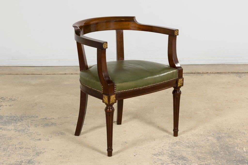 Late 19th Century French Napoleon III Mahogany Desk Chair with Olive Green Leather