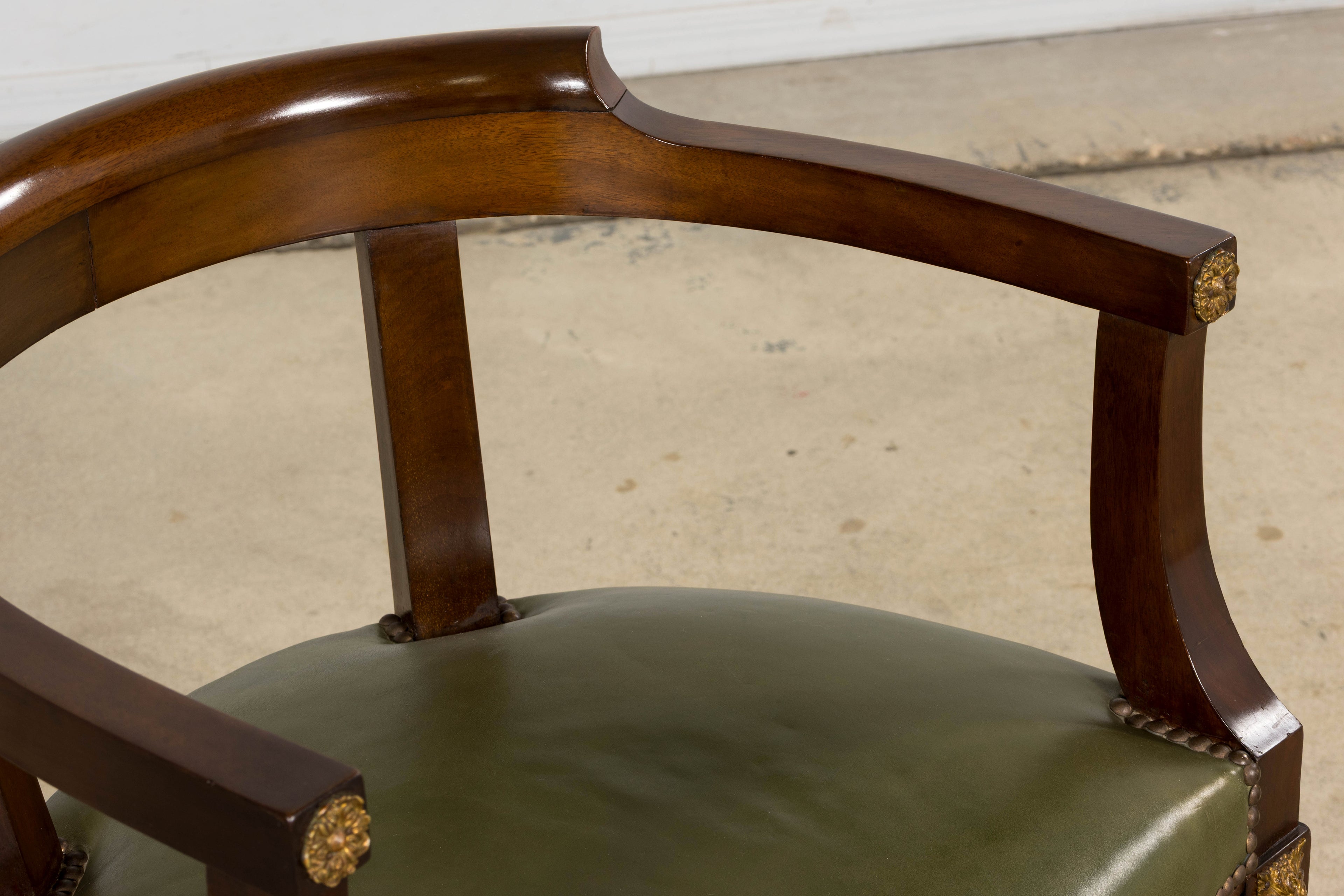 Late 19th Century French Napoleon III Mahogany Desk Chair with Olive Green Leather