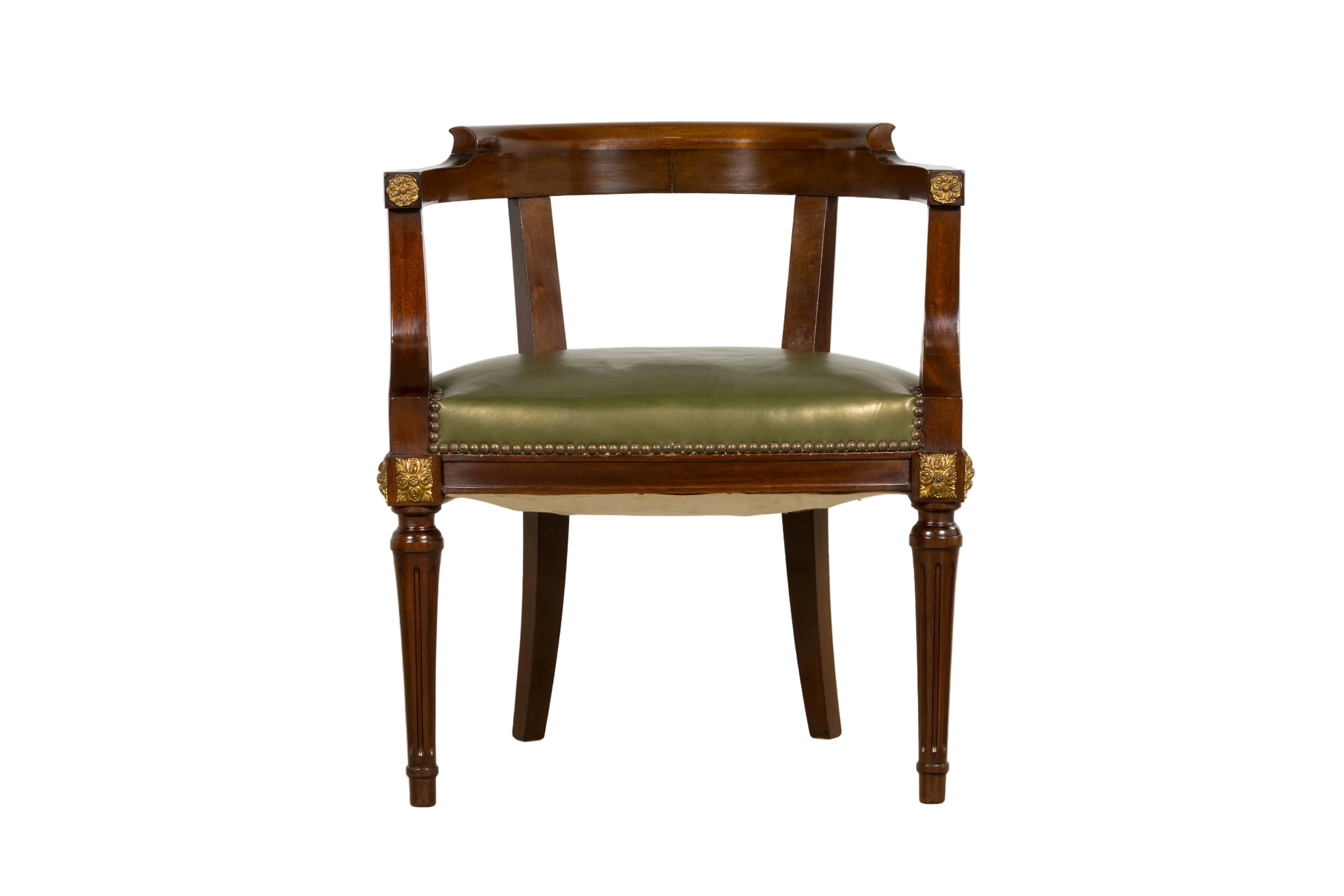 Late 19th Century French Napoleon III Mahogany Desk Chair with Olive Green Leather