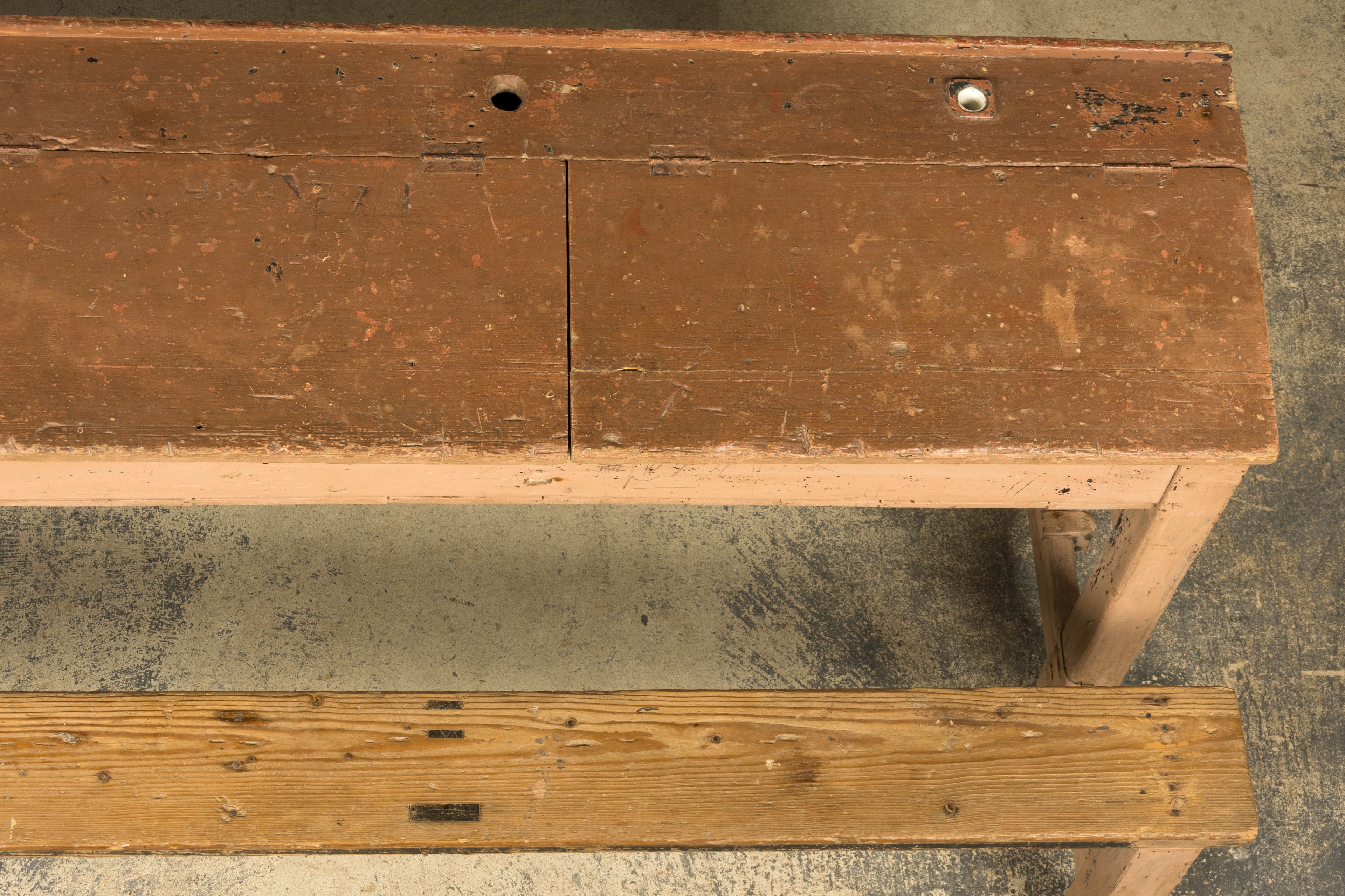 Late 19th Century French Painted School Desk with Integrated Bench