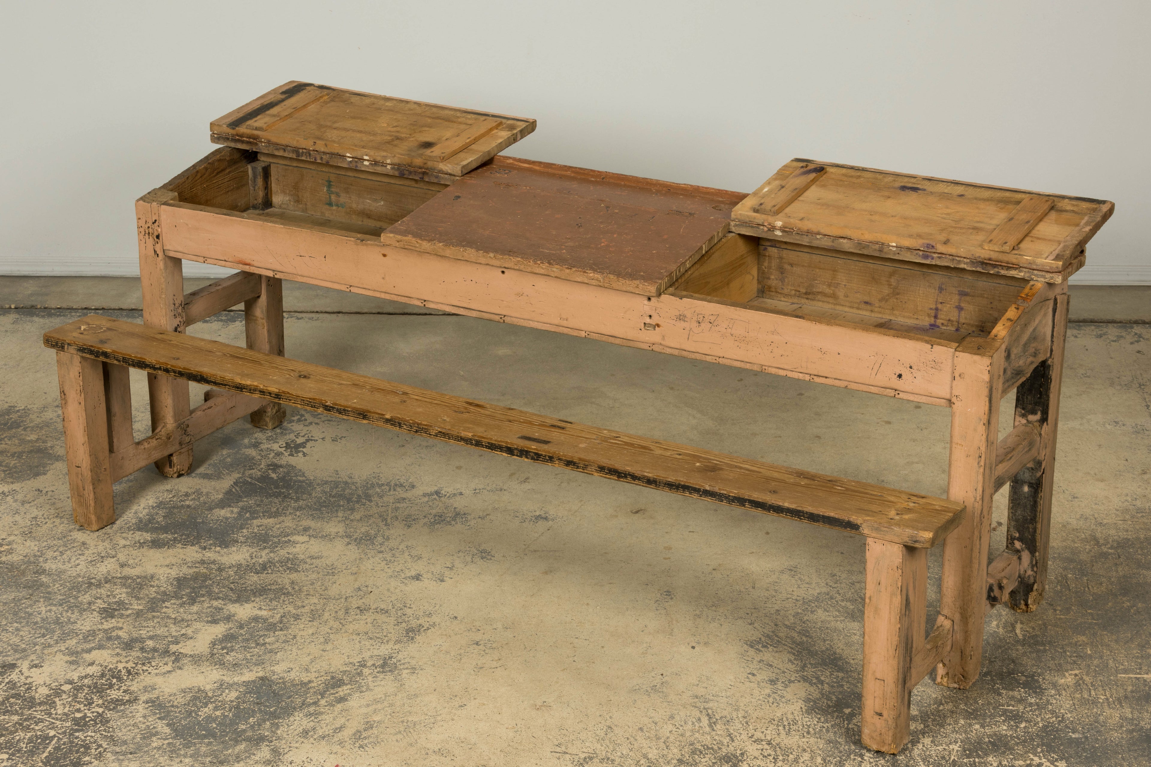 Late 19th Century French Painted School Desk with Integrated Bench