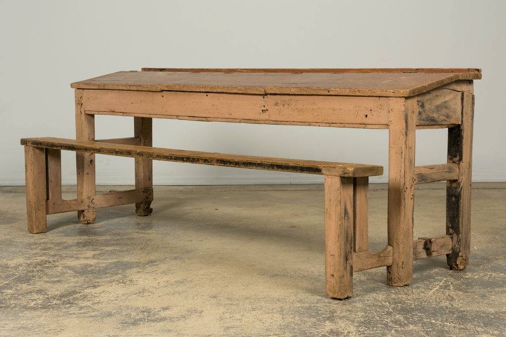 Late 19th Century French Painted School Desk with Integrated Bench