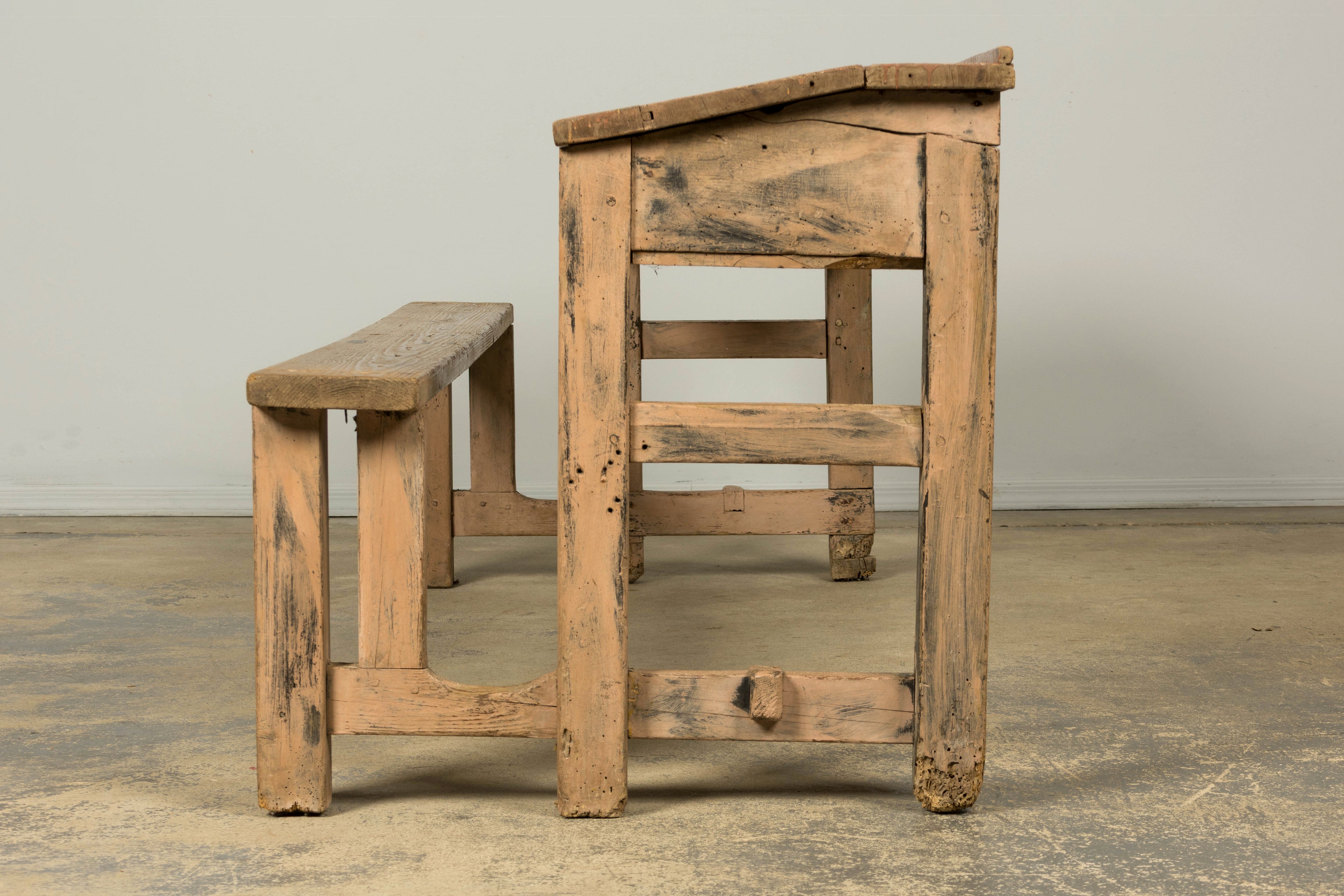 Late 19th Century French Painted School Desk with Integrated Bench