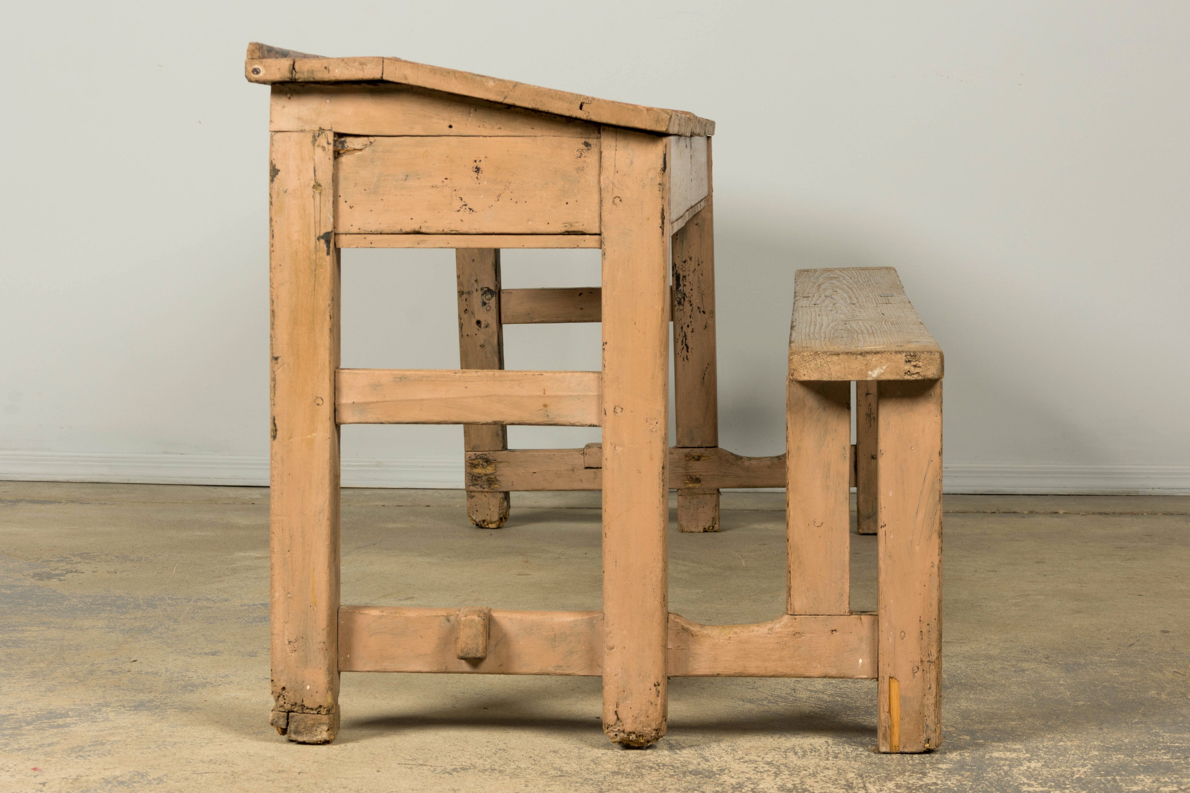 Late 19th Century French Painted School Desk with Integrated Bench