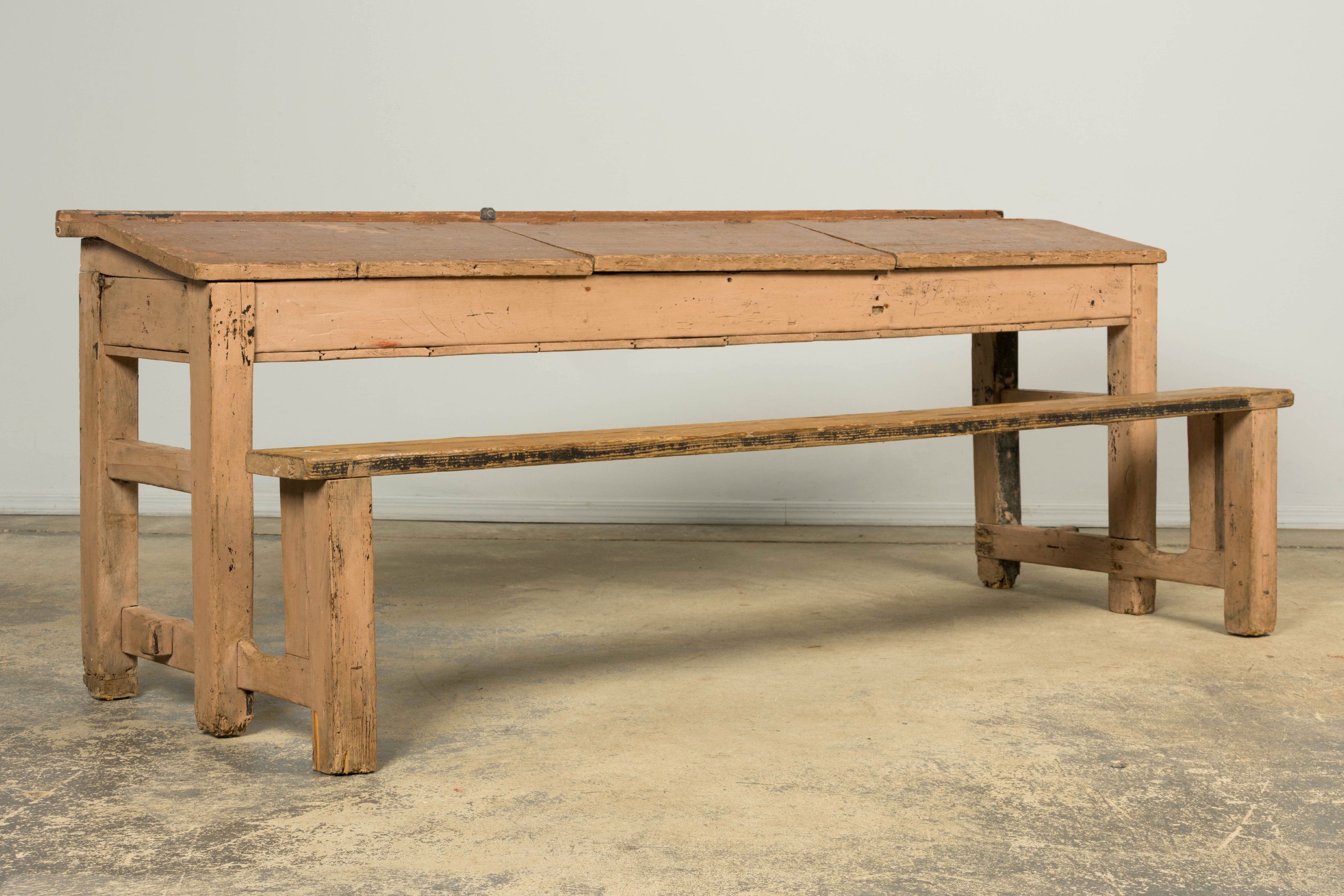 Late 19th Century French Painted School Desk with Integrated Bench