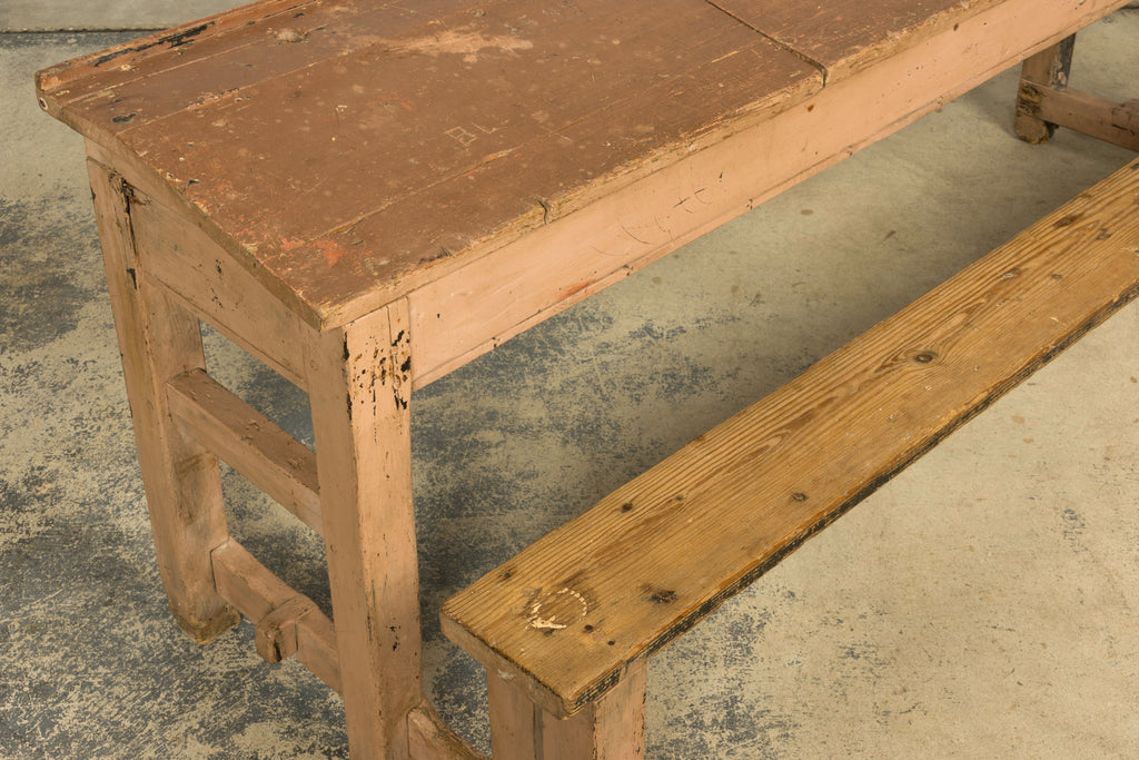 Late 19th Century French Painted School Desk with Integrated Bench