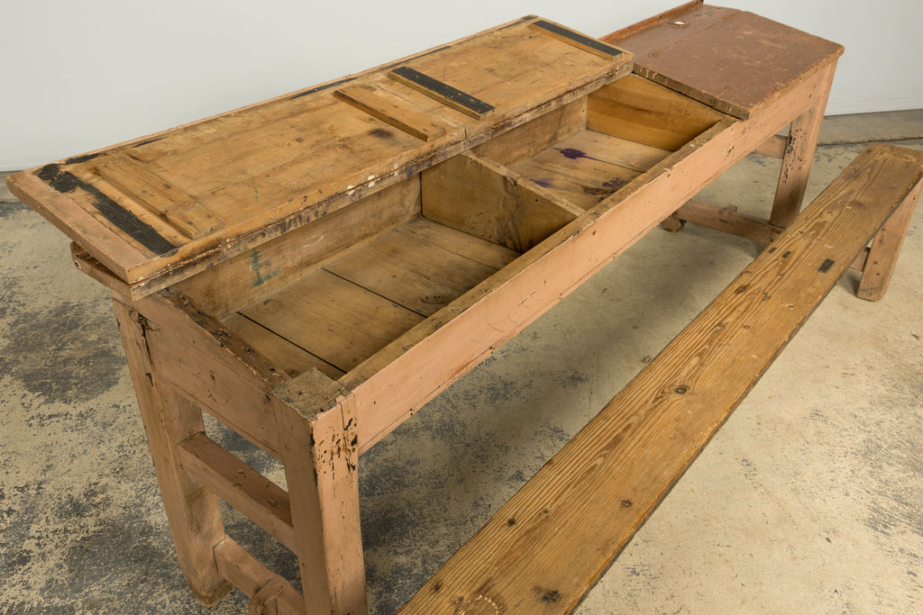 Late 19th Century French Painted School Desk with Integrated Bench