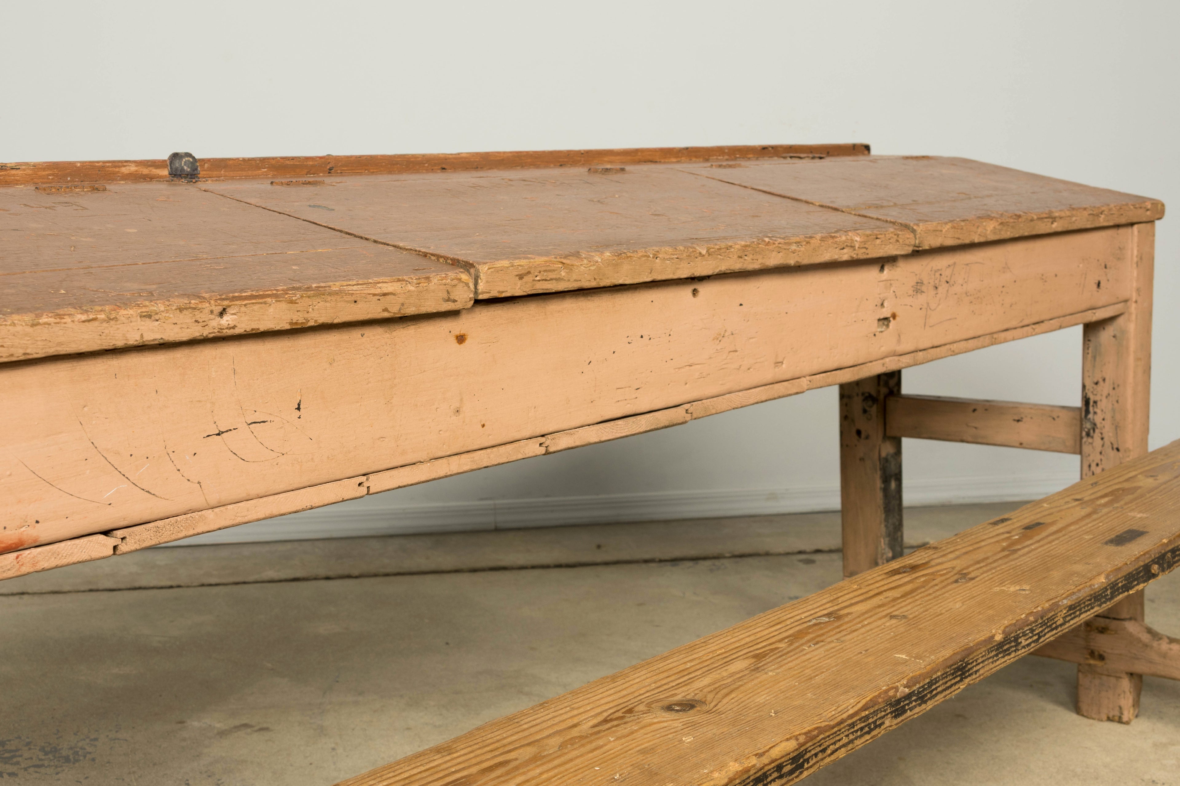 Late 19th Century French Painted School Desk with Integrated Bench