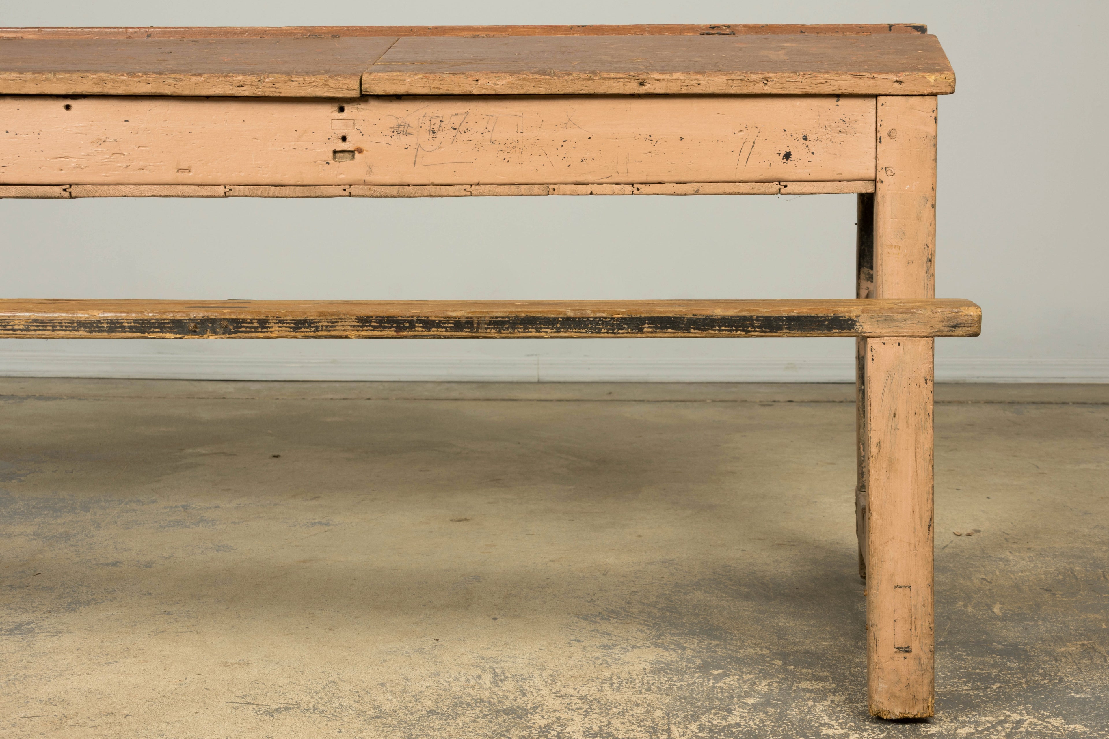 Late 19th Century French Painted School Desk with Integrated Bench