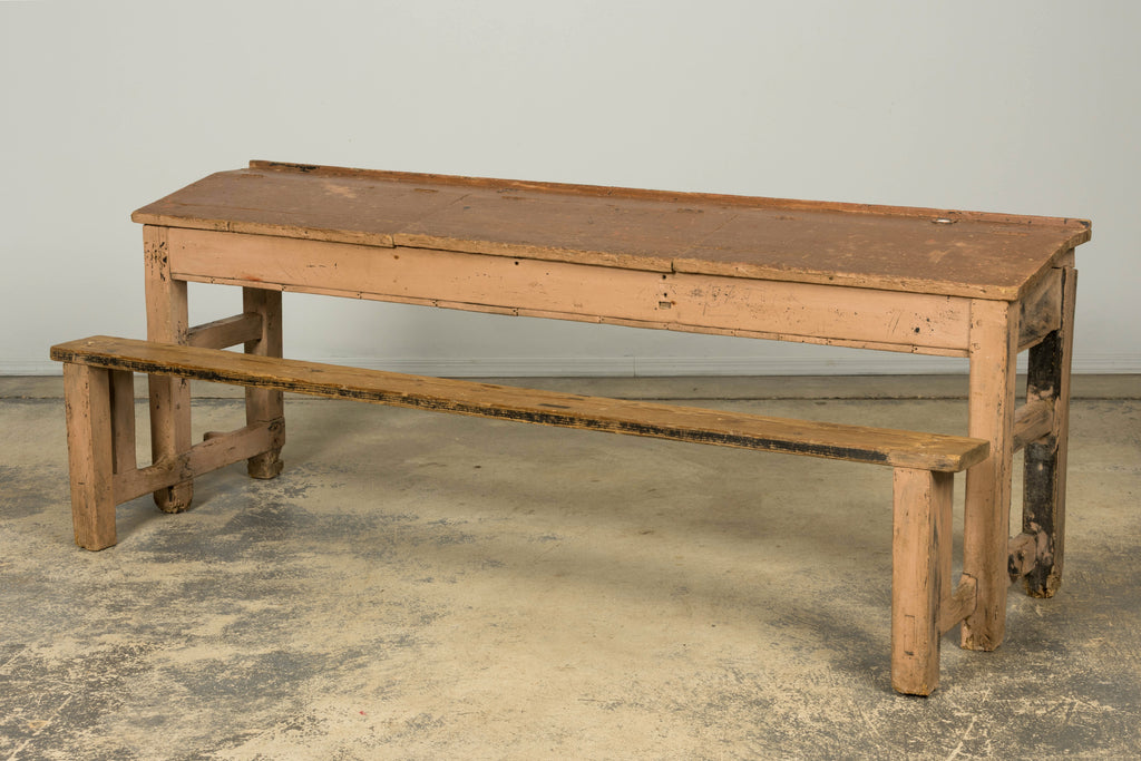 Late 19th Century French Painted School Desk with Integrated Bench