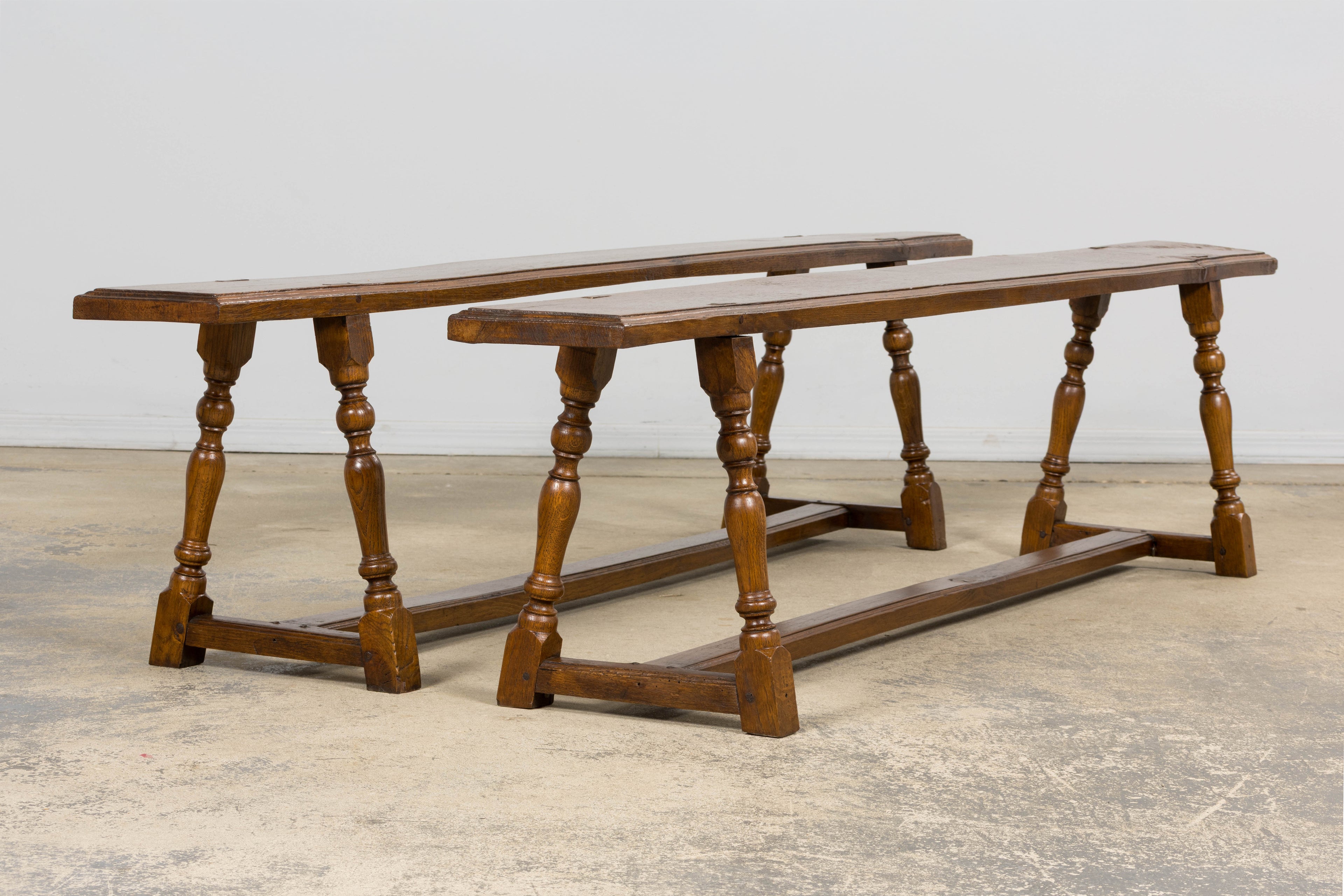 Late 19th Century French Provincial Oak Farmhouse Benches – A Pair