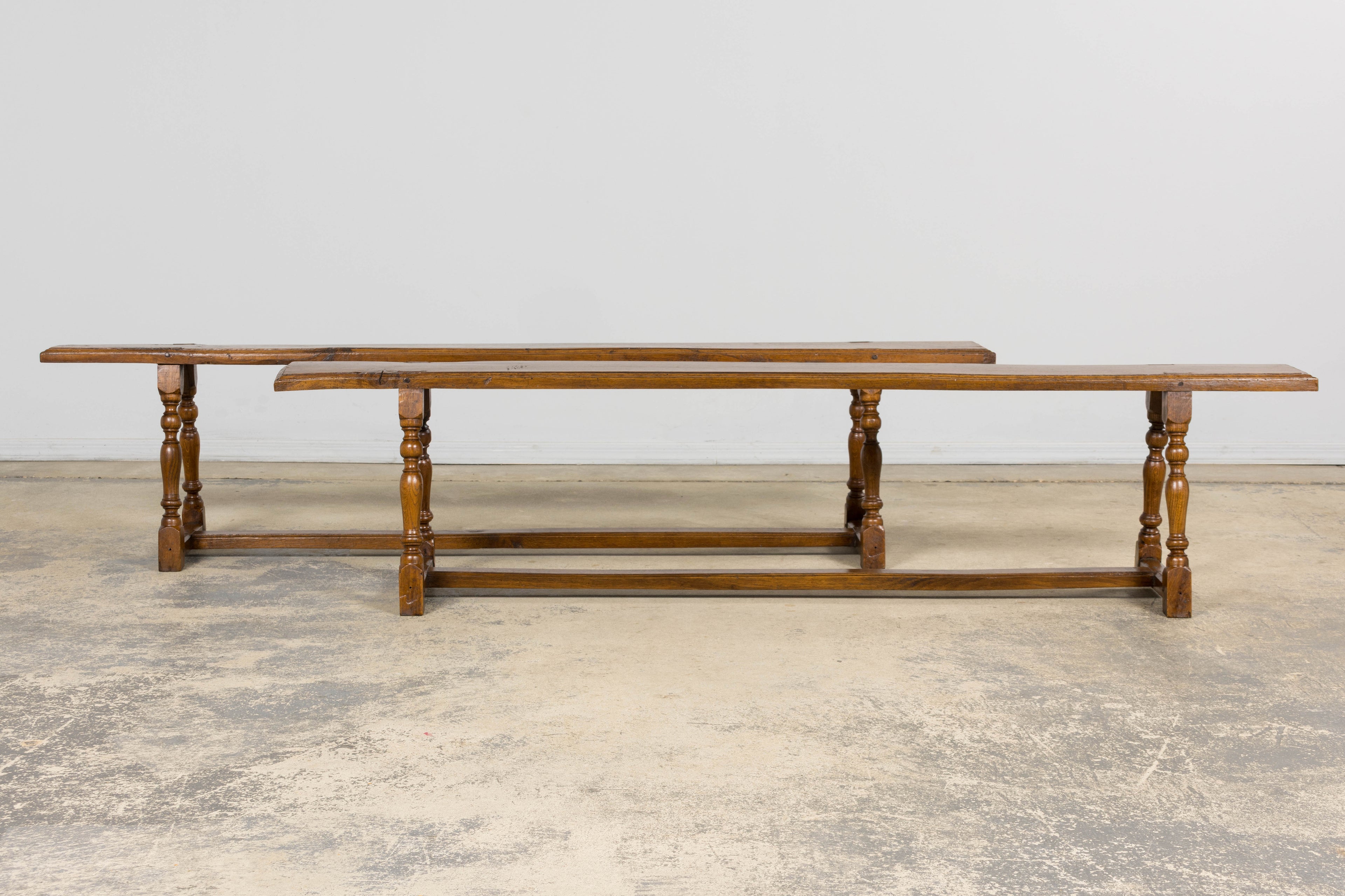 Late 19th Century French Provincial Oak Farmhouse Benches – A Pair