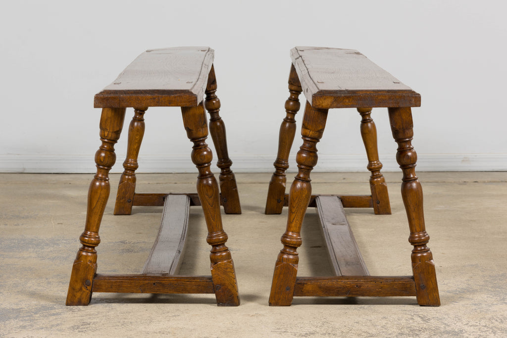 Late 19th Century French Provincial Oak Farmhouse Benches – A Pair