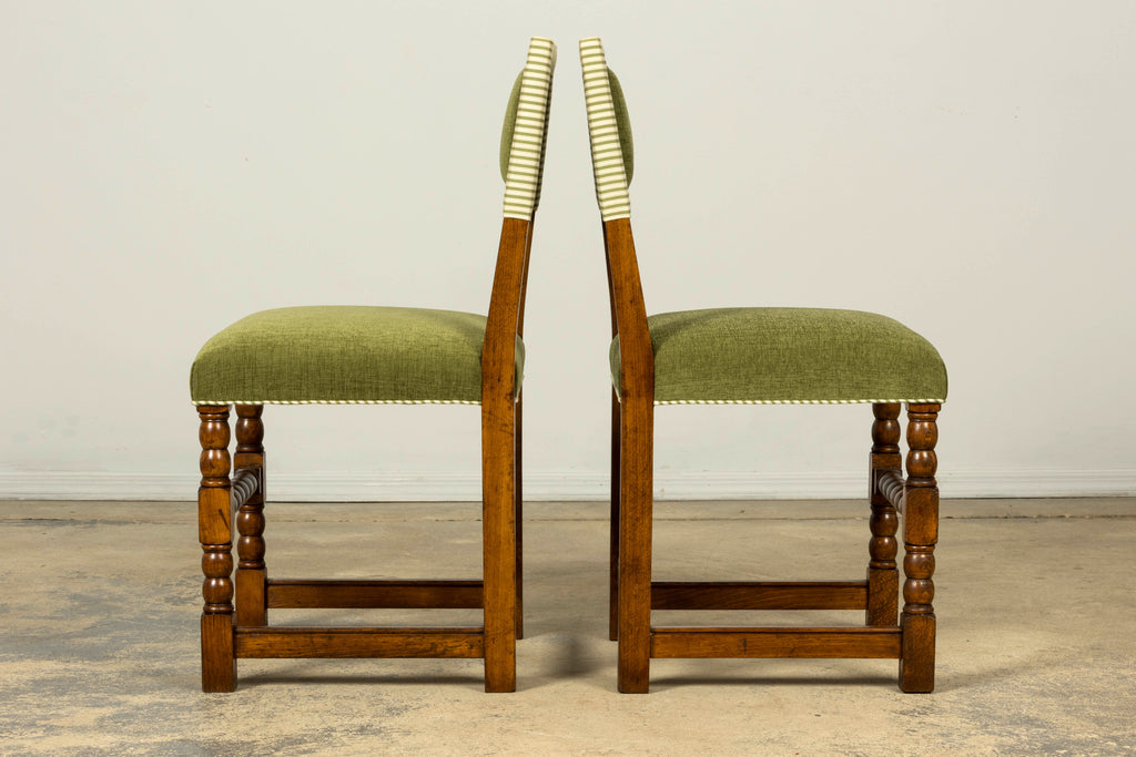 Set of Ten Late 19th Century French Louis XIII Oak Dining Chairs in Moss Green