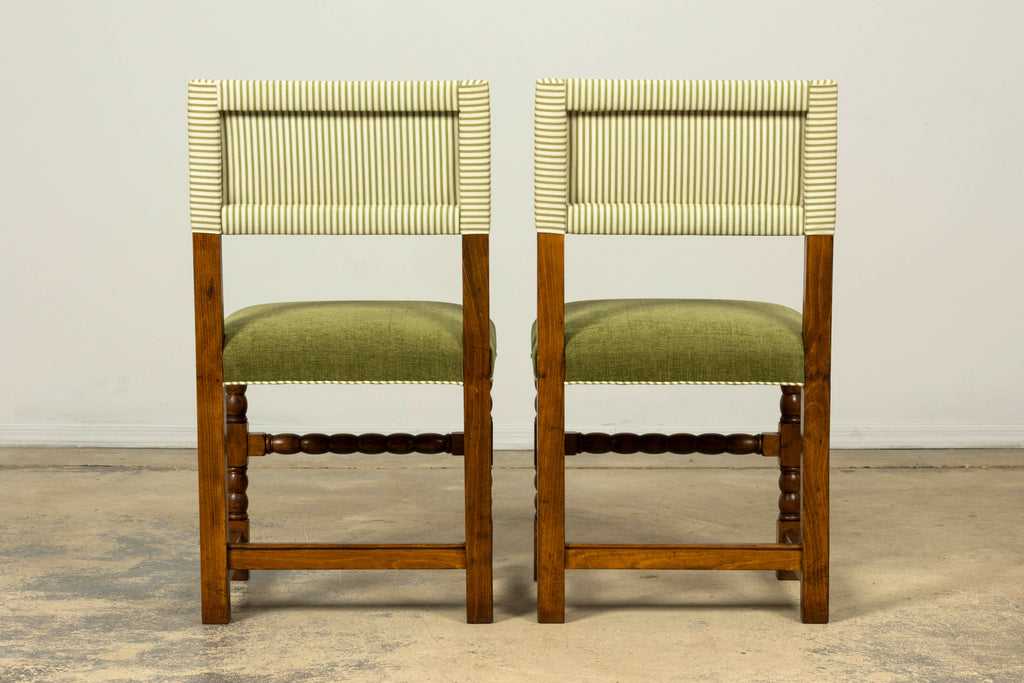 Set of Ten Late 19th Century French Louis XIII Oak Dining Chairs in Moss Green