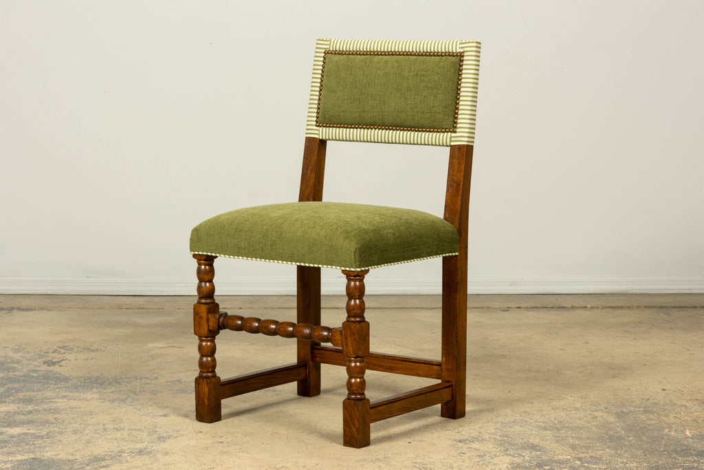 Set of Ten Late 19th Century French Louis XIII Oak Dining Chairs in Moss Green