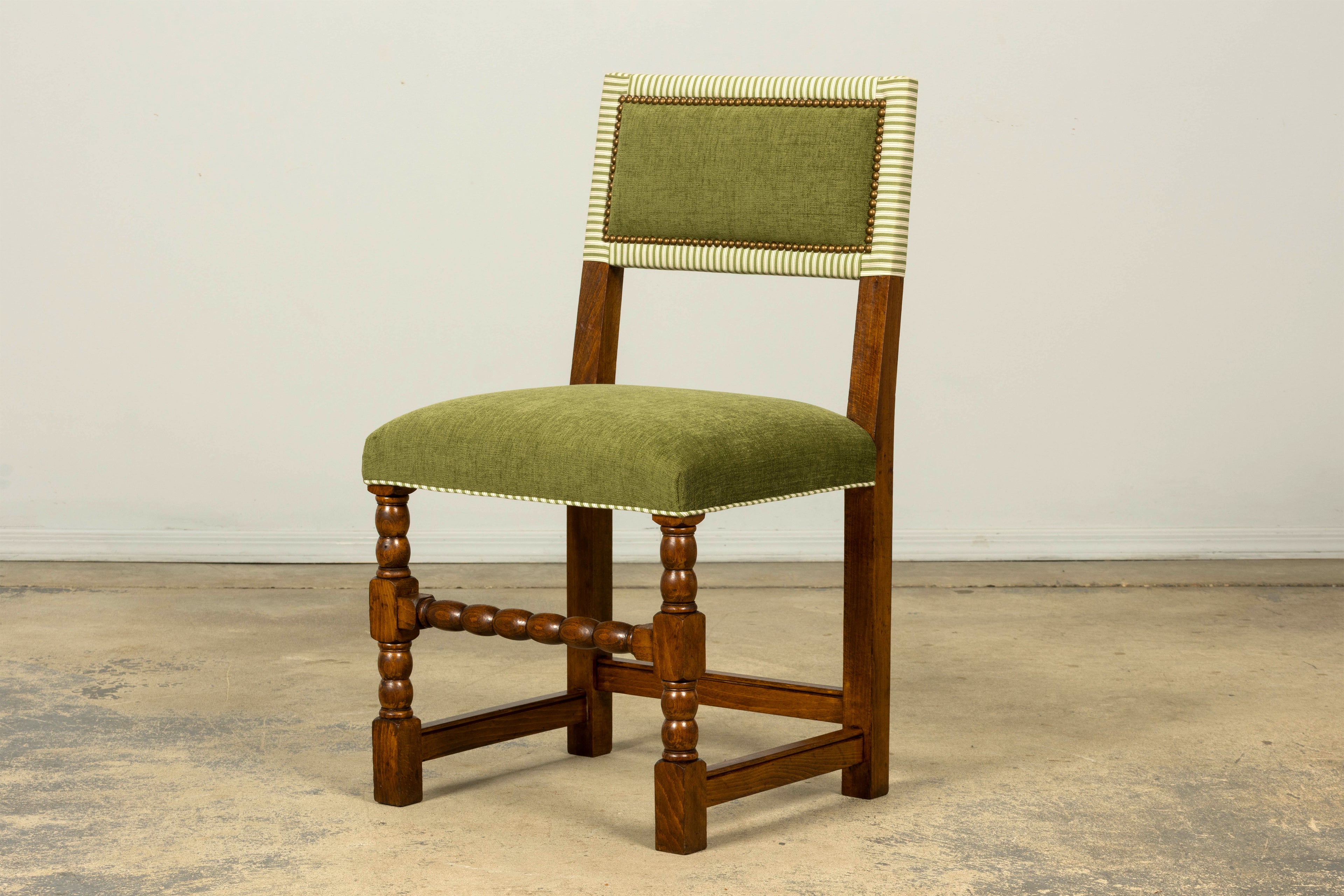 Set of Ten Late 19th Century French Louis XIII Oak Dining Chairs in Moss Green