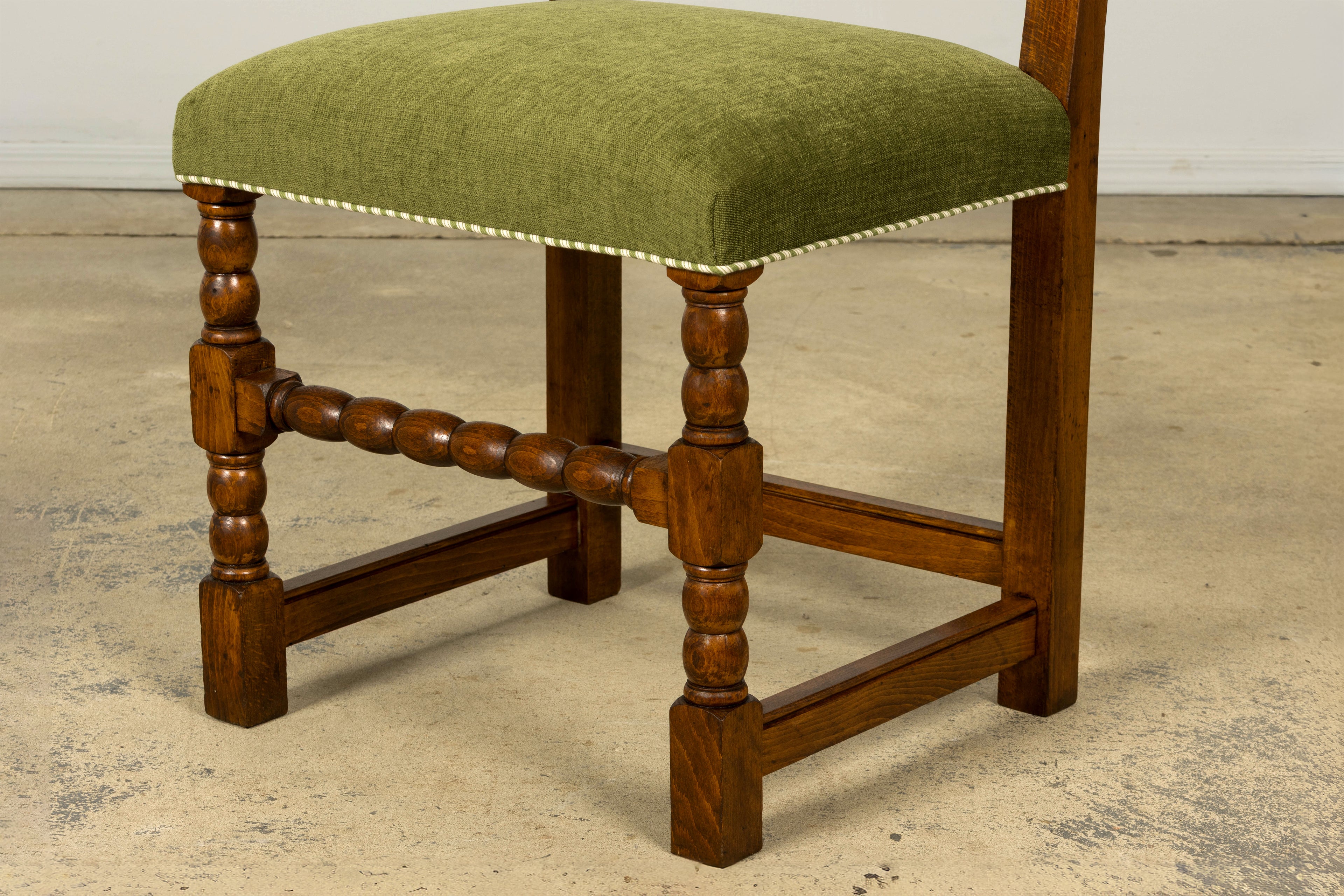 Set of Ten Late 19th Century French Louis XIII Oak Dining Chairs in Moss Green