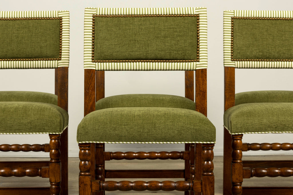 Set of Ten Late 19th Century French Louis XIII Oak Dining Chairs in Moss Green