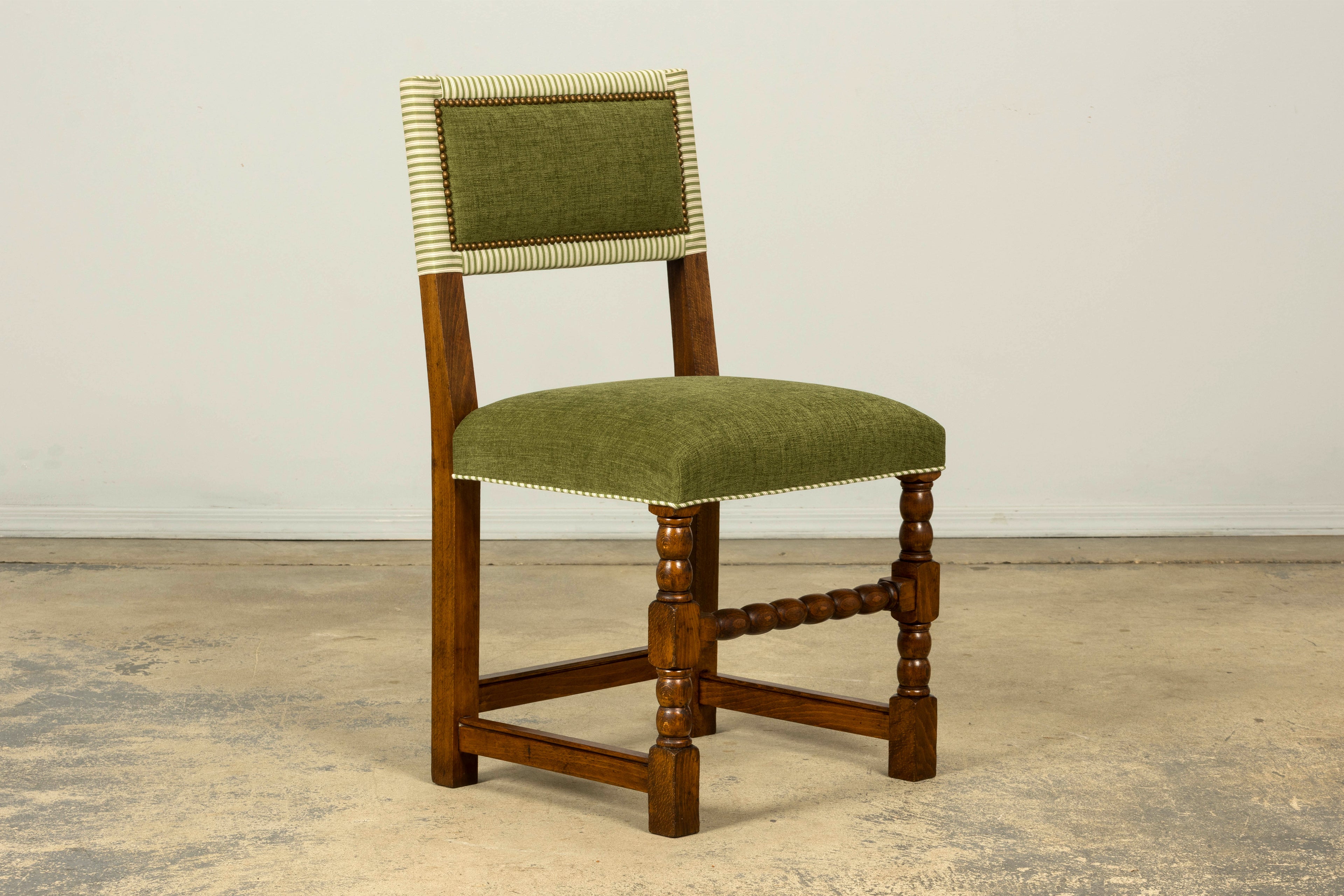 Set of Ten Late 19th Century French Louis XIII Oak Dining Chairs in Moss Green