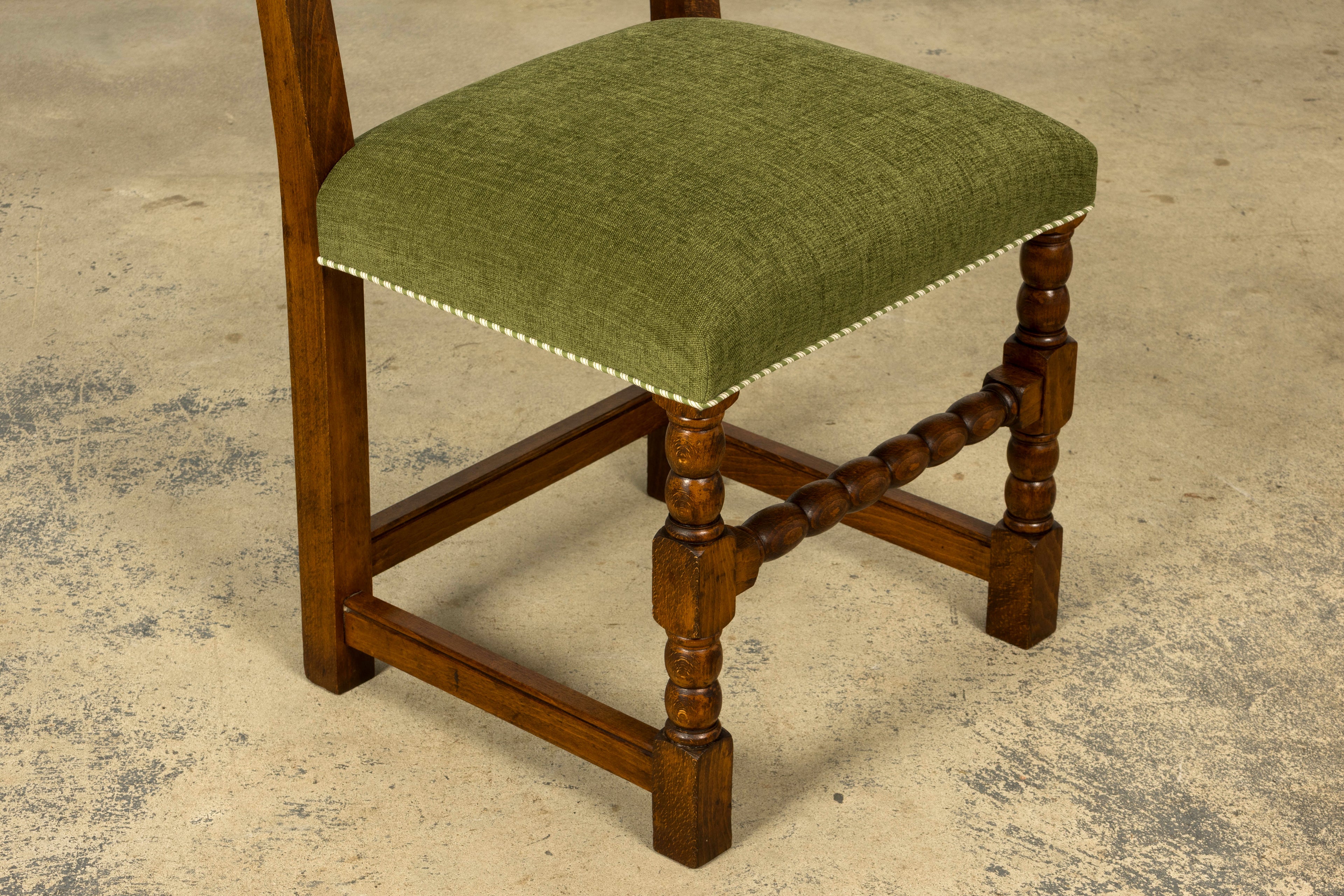 Set of Ten Late 19th Century French Louis XIII Oak Dining Chairs in Moss Green