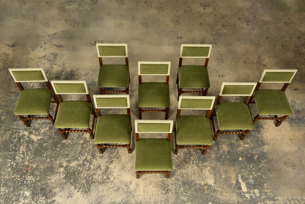 Set of Ten Late 19th Century French Louis XIII Oak Dining Chairs in Moss Green