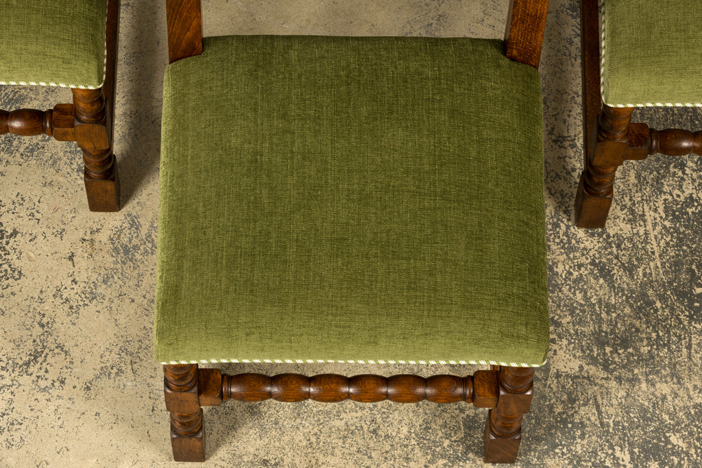 Set of Ten Late 19th Century French Louis XIII Oak Dining Chairs in Moss Green