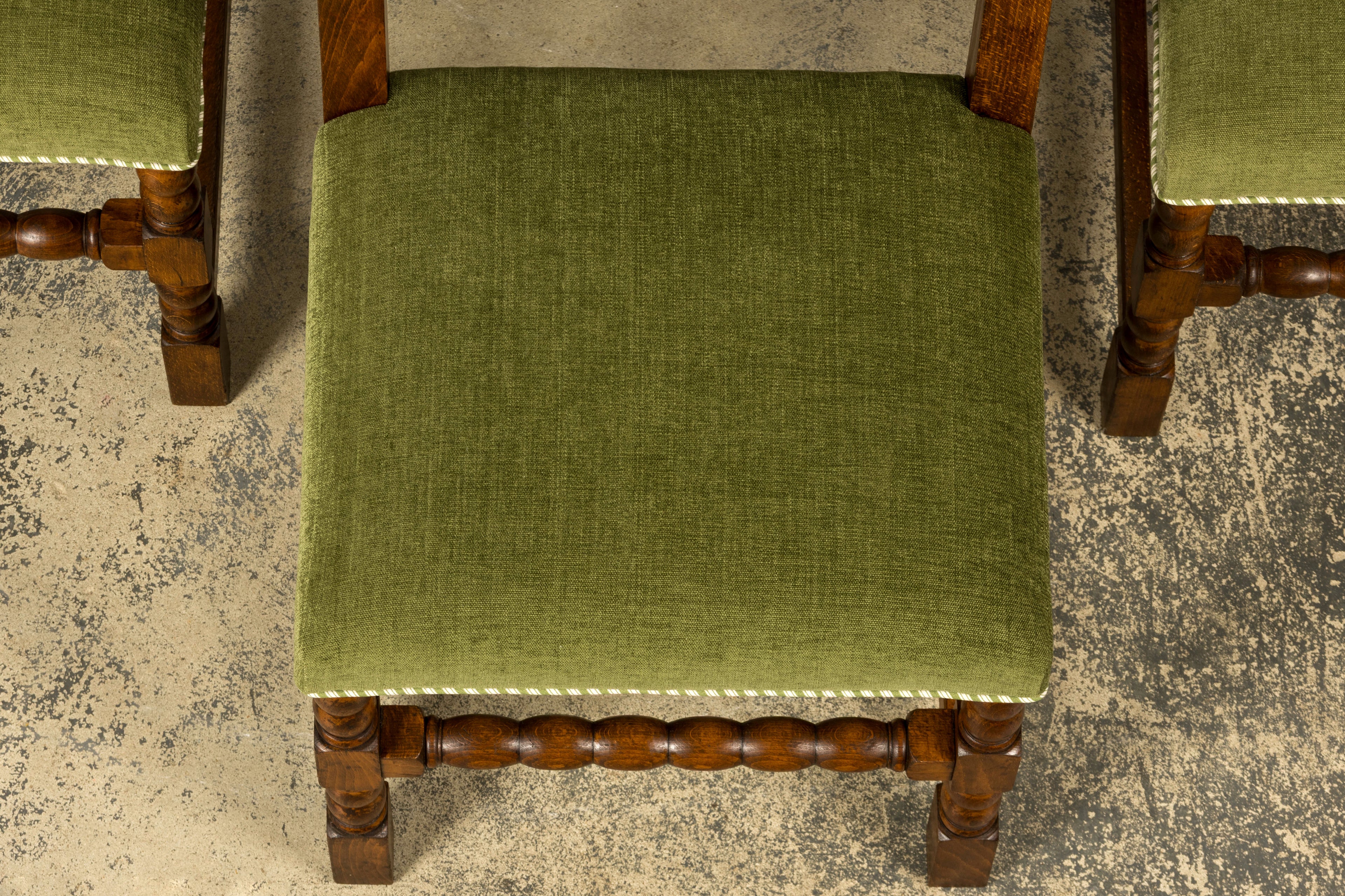 Set of Ten Late 19th Century French Louis XIII Oak Dining Chairs in Moss Green