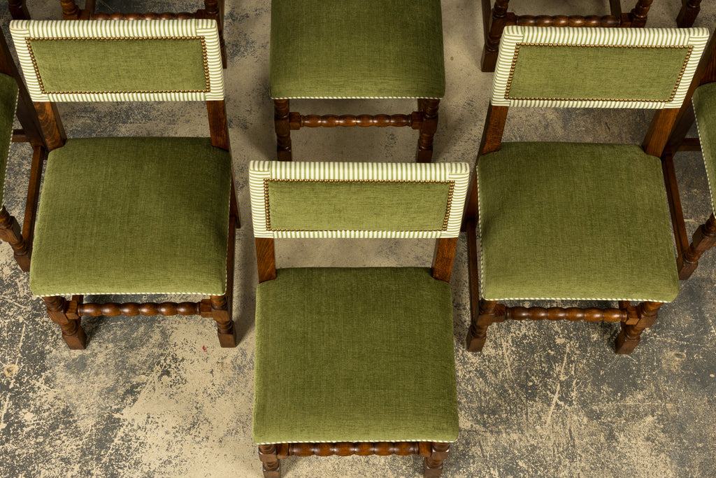 Set of Ten Late 19th Century French Louis XIII Oak Dining Chairs in Moss Green