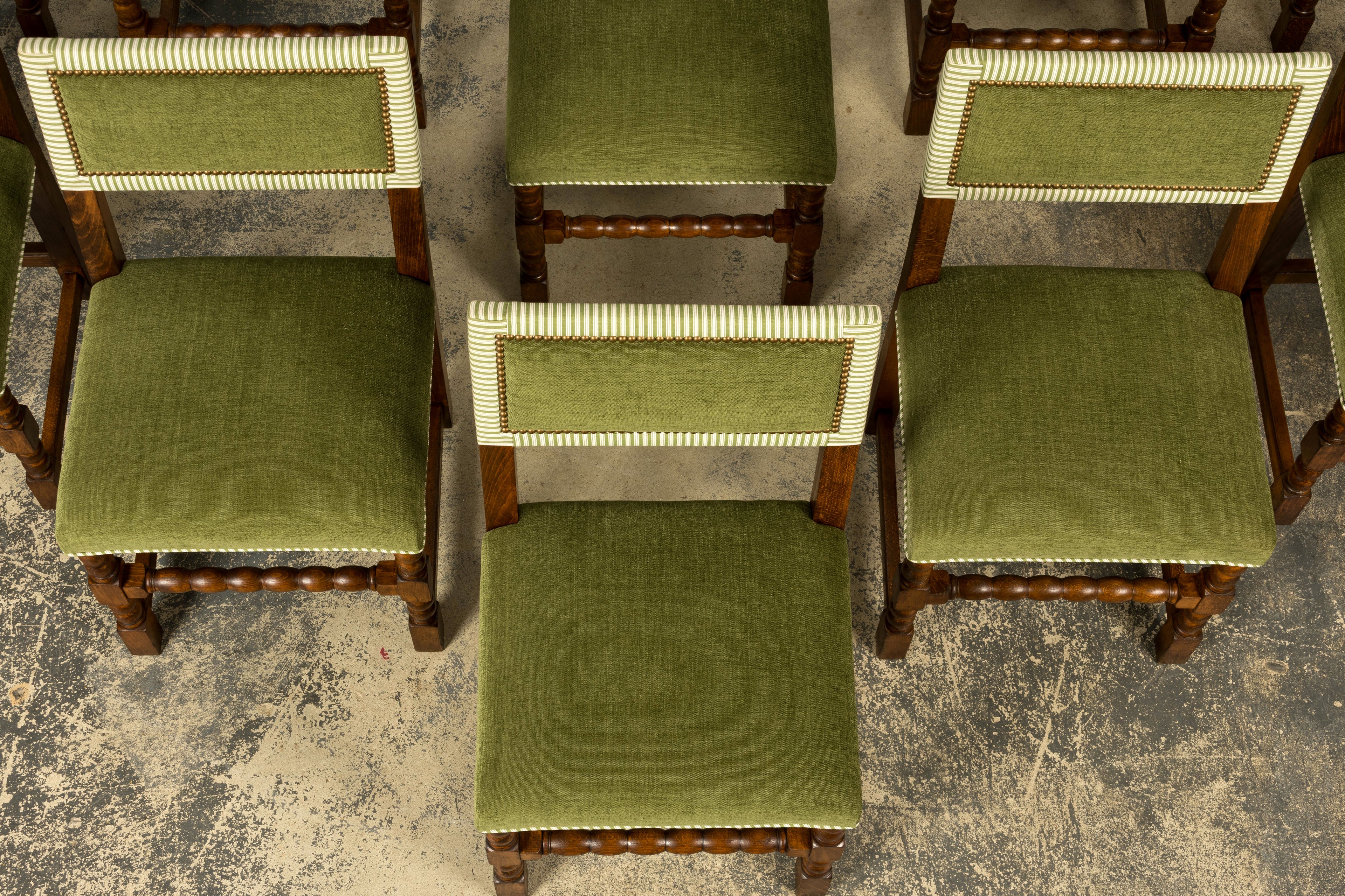 Set of Ten Late 19th Century French Louis XIII Oak Dining Chairs in Moss Green
