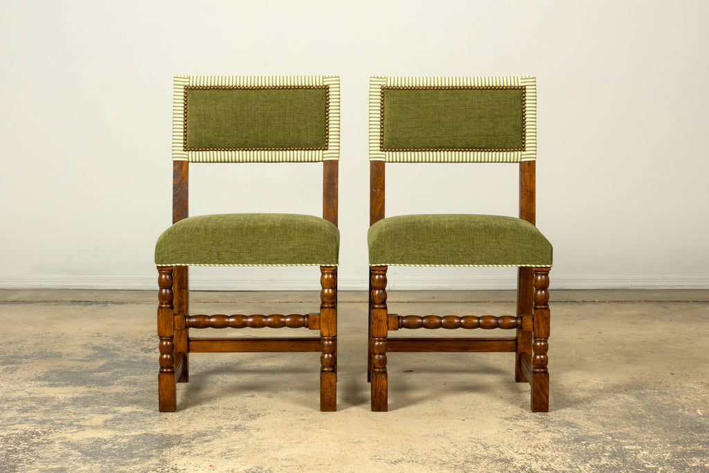 Set of Ten Late 19th Century French Louis XIII Oak Dining Chairs in Moss Green