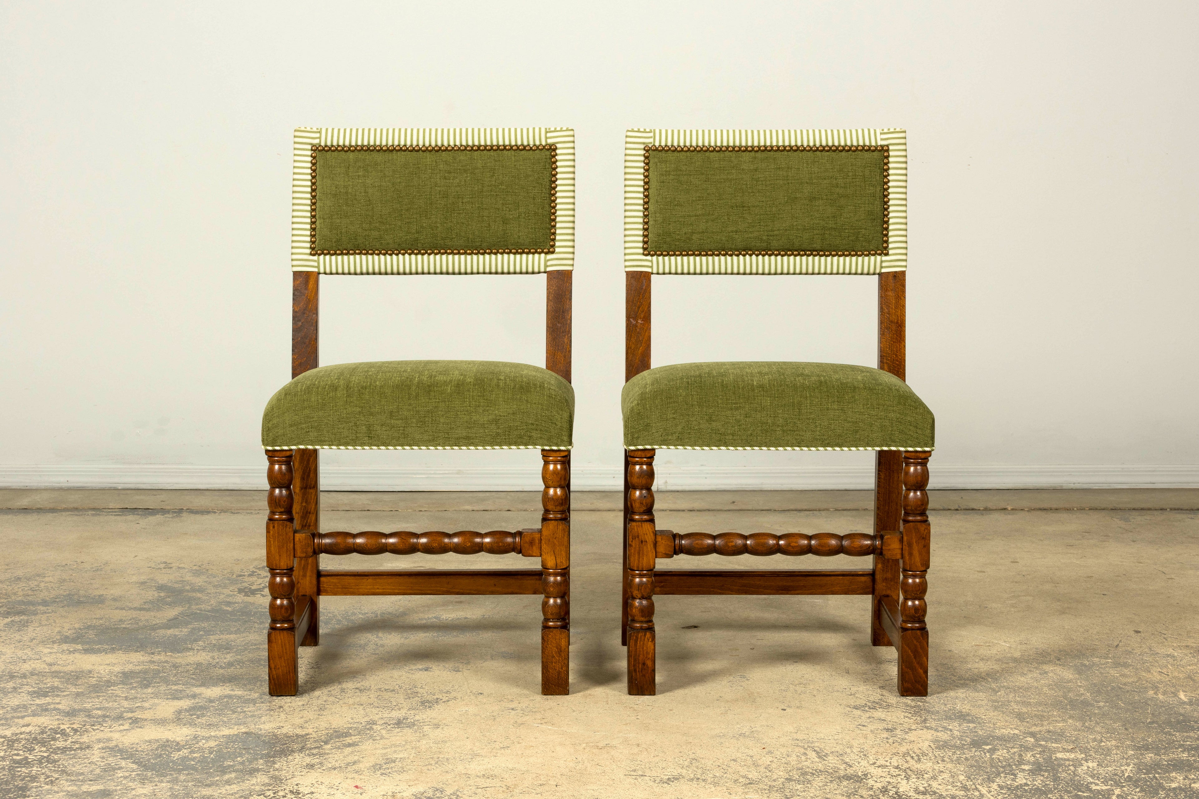 Set of Ten Late 19th Century French Louis XIII Oak Dining Chairs in Moss Green