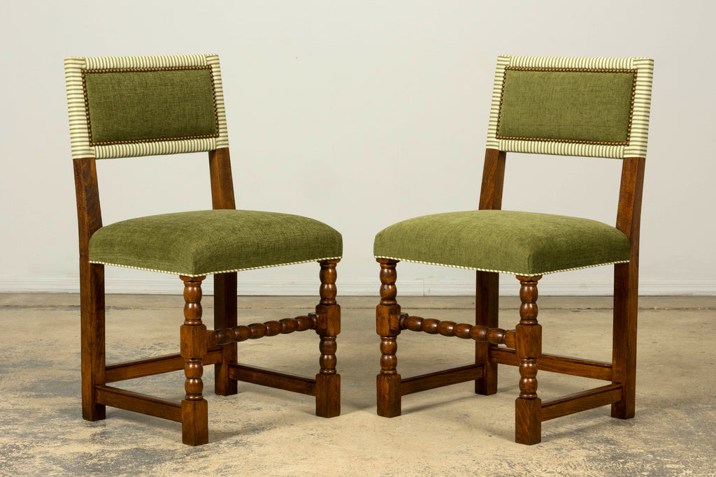 Set of Ten Late 19th Century French Louis XIII Oak Dining Chairs in Moss Green