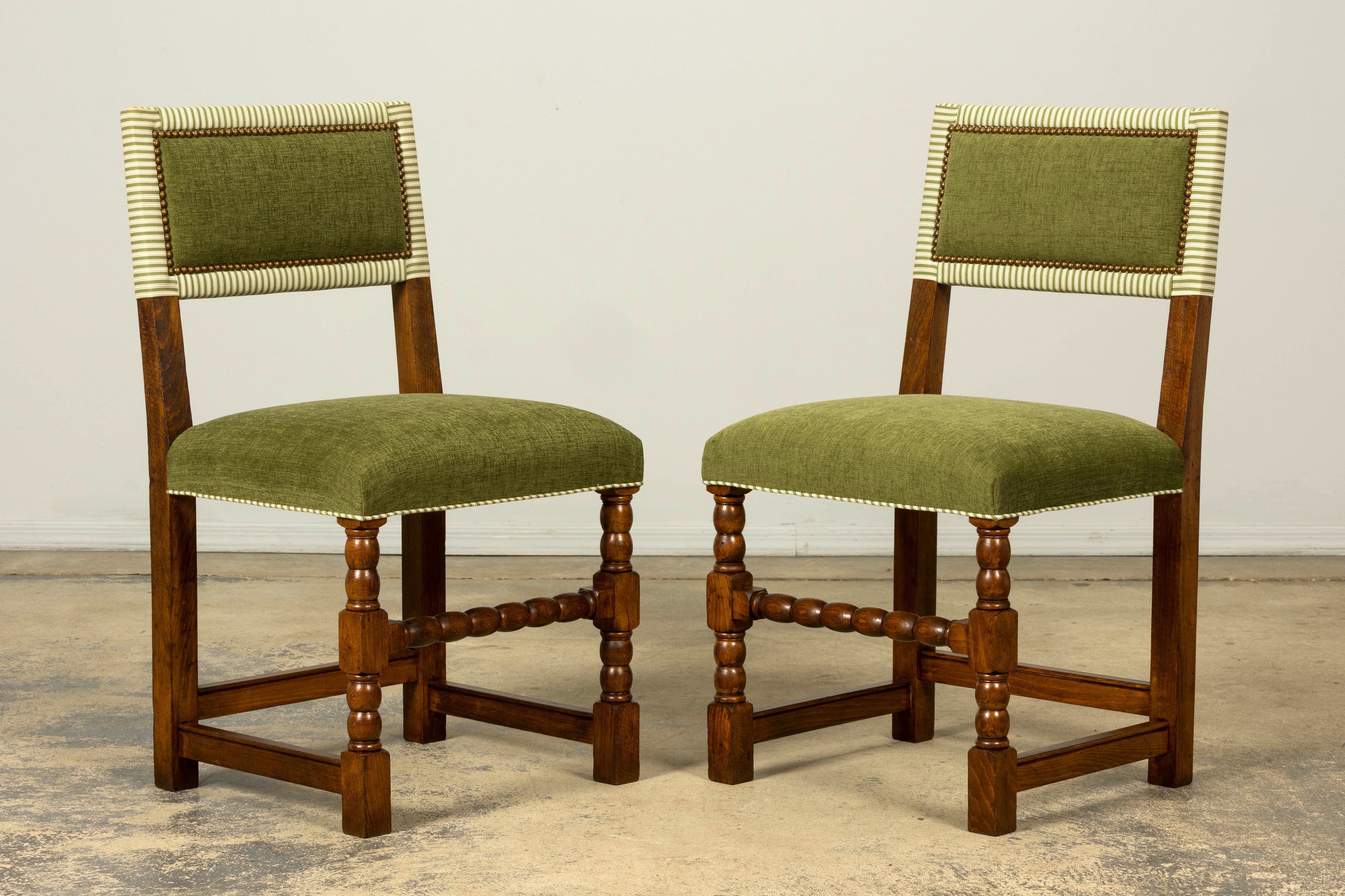 Set of Ten Late 19th Century French Louis XIII Oak Dining Chairs in Moss Green