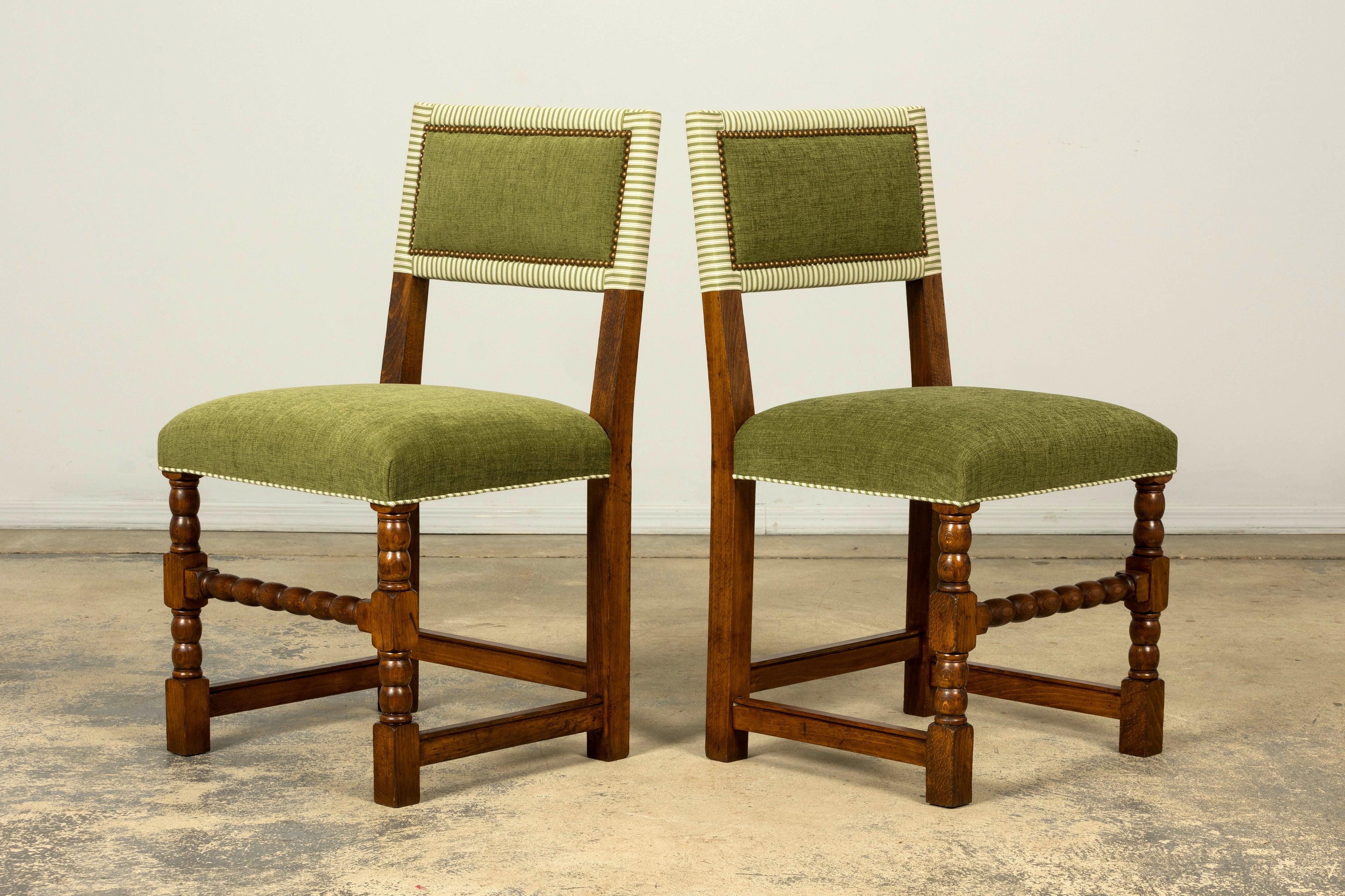 Set of Ten Late 19th Century French Louis XIII Oak Dining Chairs in Moss Green