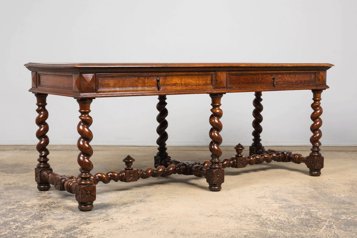 Mid-19th Century French Louis XIII Style Oak Library Table with Barley Twist Legs