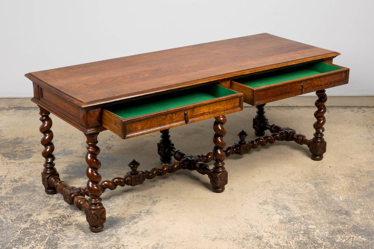 Mid-19th Century French Louis XIII Style Oak Library Table with Barley Twist Legs