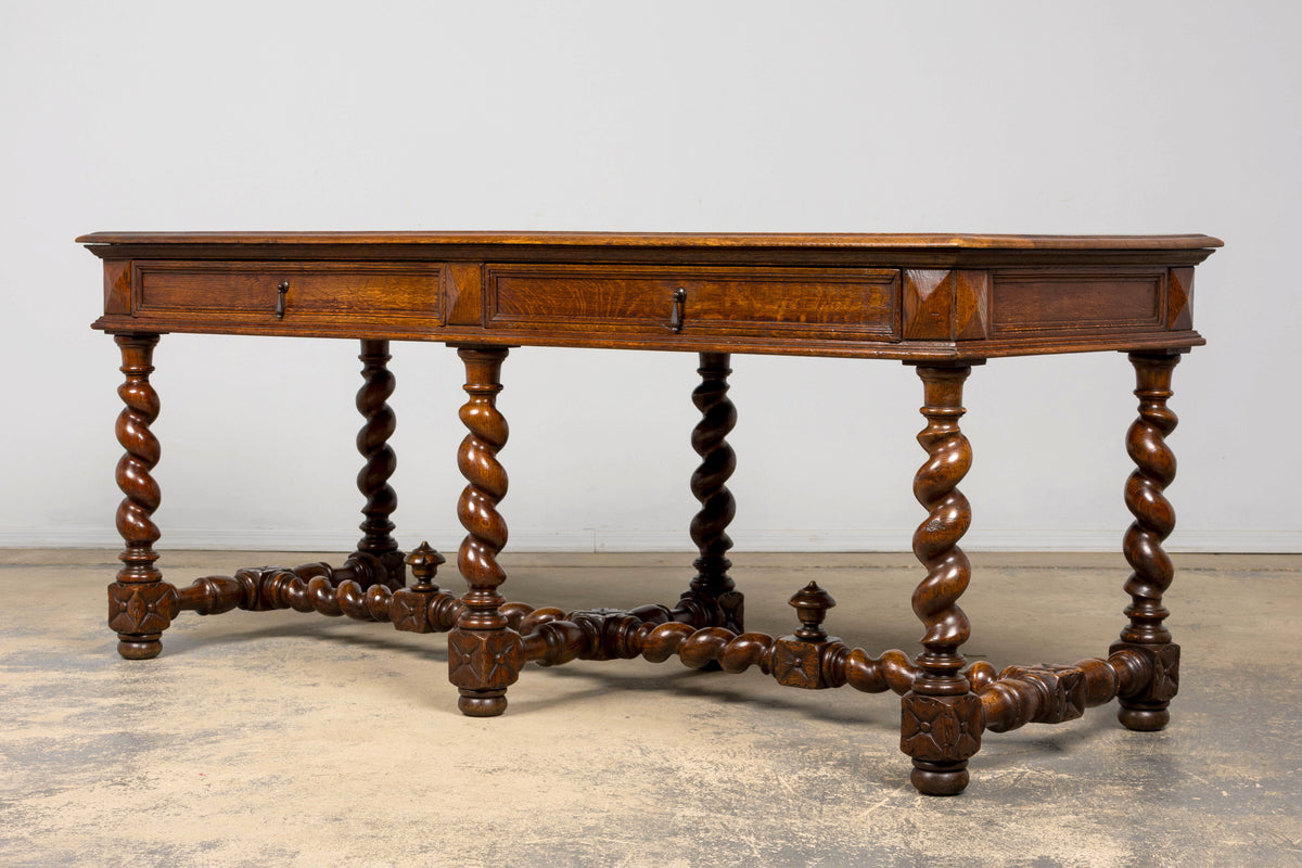 Mid-19th Century French Louis XIII Style Oak Library Table with Barley Twist Legs