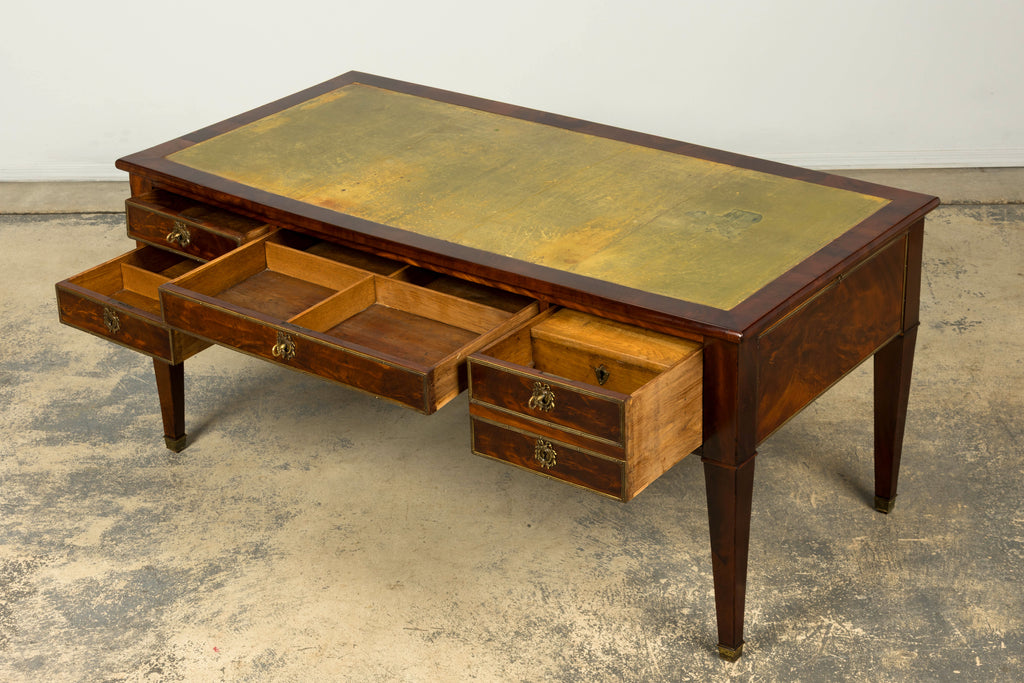 Mid-19th Century French Neoclassical Mahogany Bureau Plat Desk With Chartreuse Leather