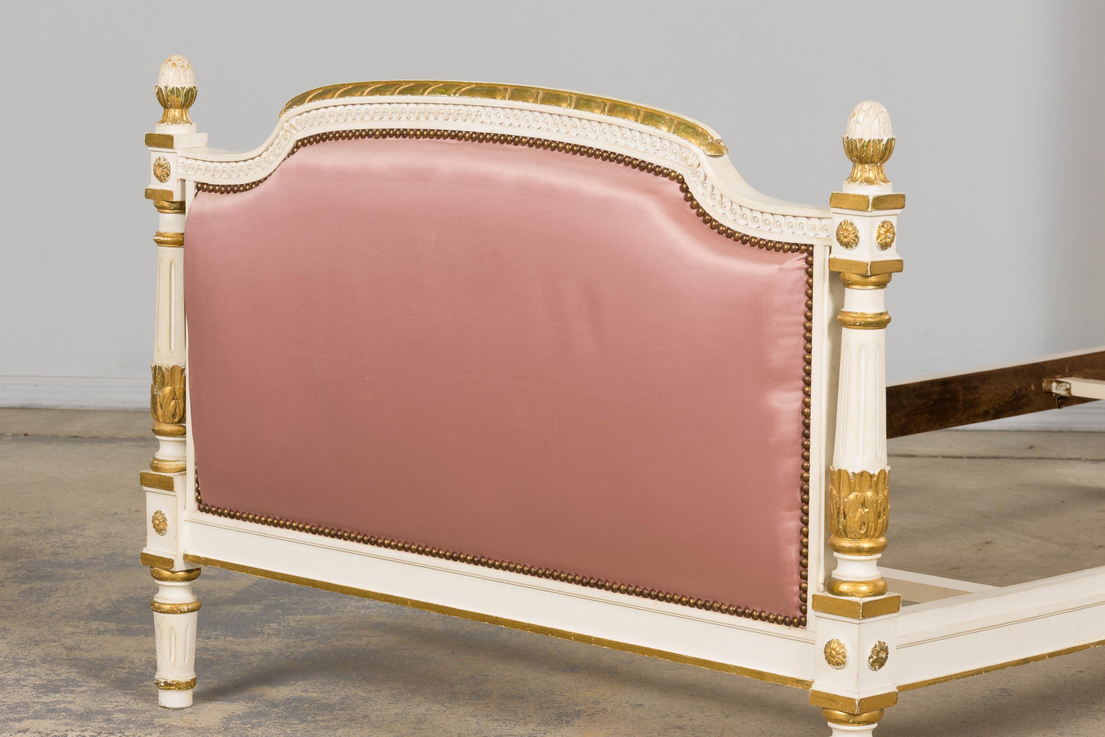 Mid-Century Louis XVI Twin Bed Frames, Pink Silk, Painted Wood, 1940
