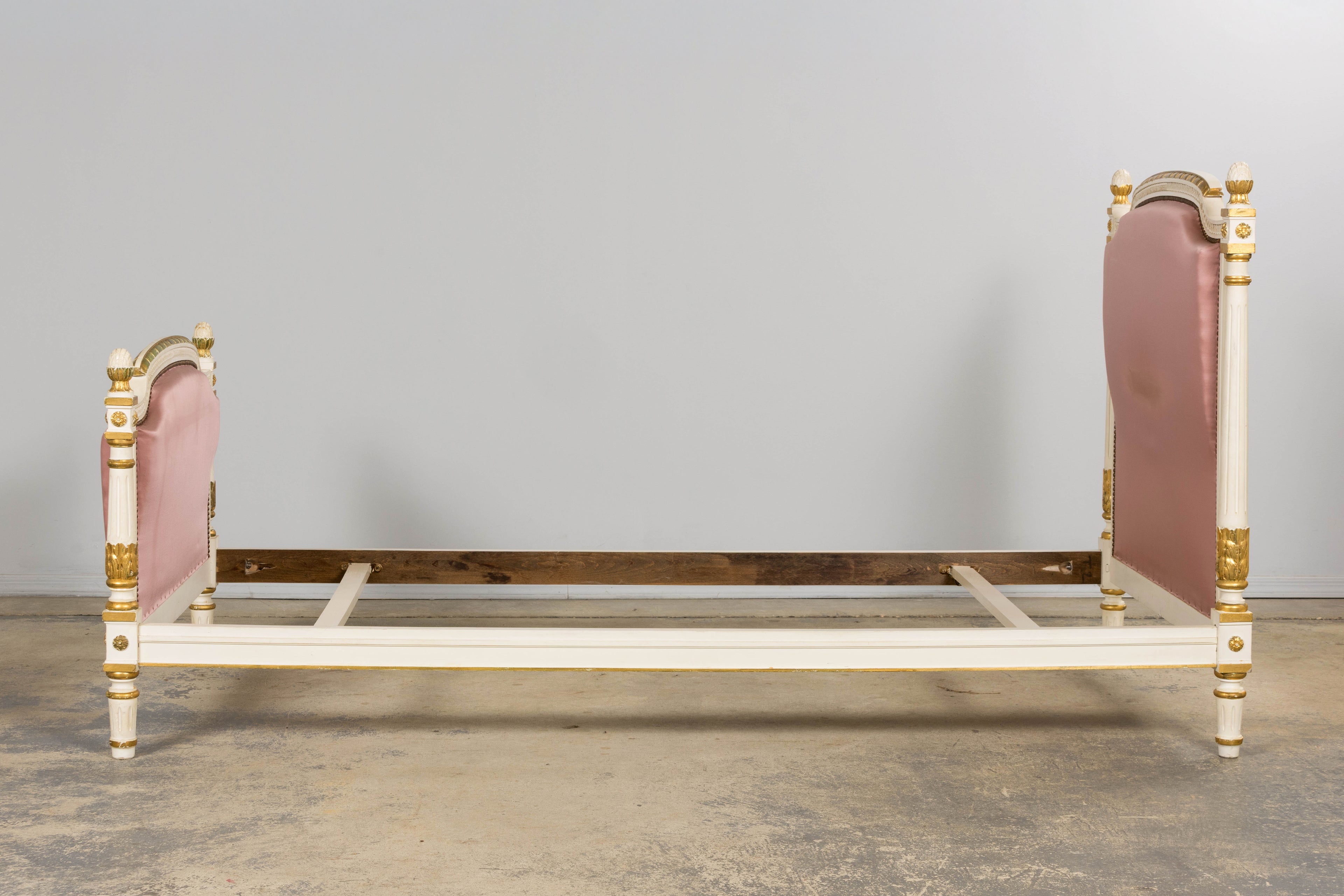 Mid-Century Louis XVI Twin Bed Frames, Pink Silk, Painted Wood, 1940