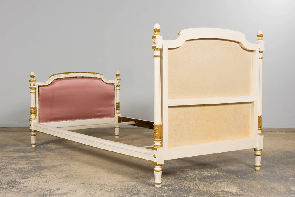 Mid-Century Louis XVI Twin Bed Frames, Pink Silk, Painted Wood, 1940