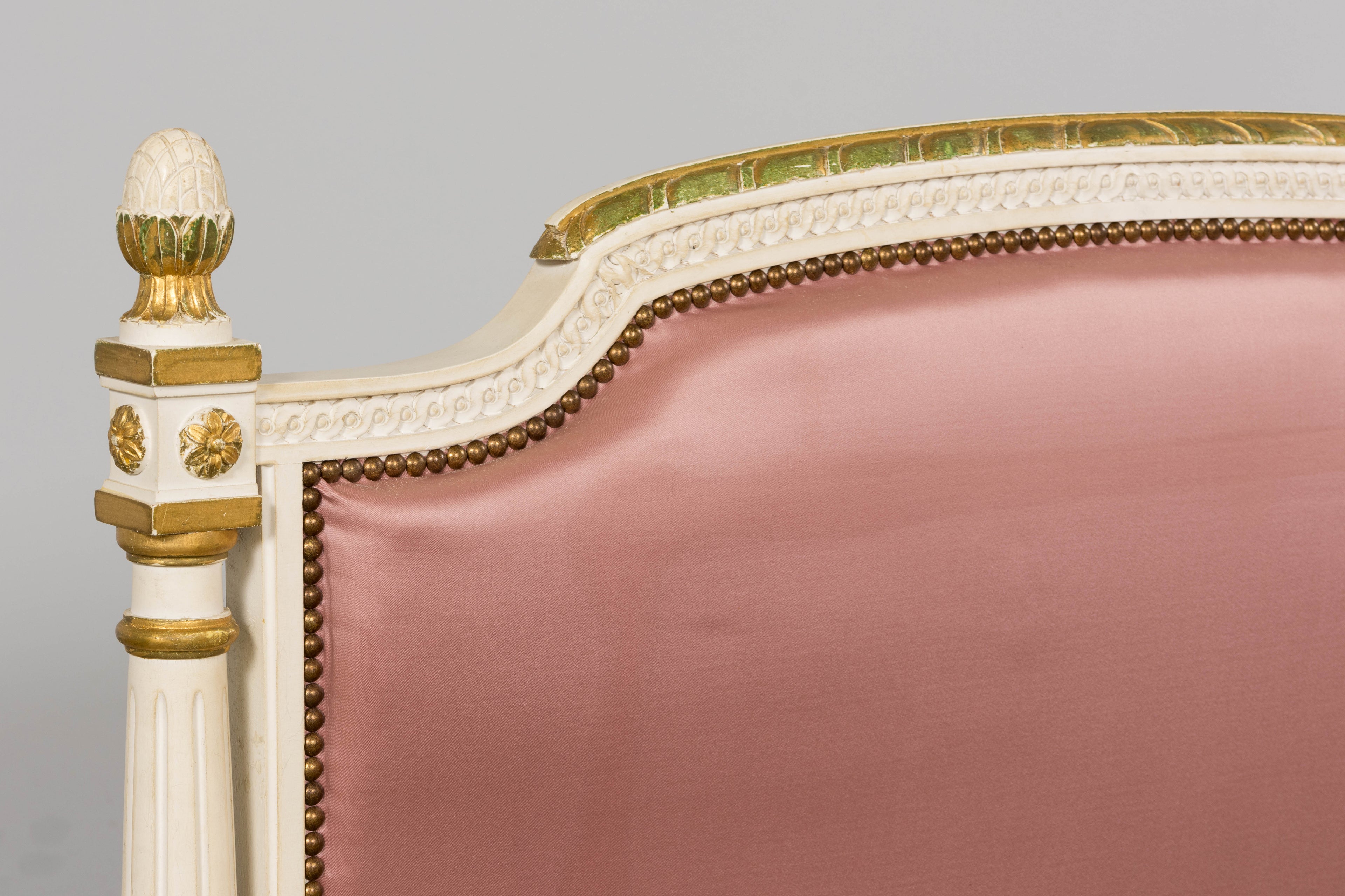 Mid-Century Louis XVI Twin Bed Frames, Pink Silk, Painted Wood, 1940